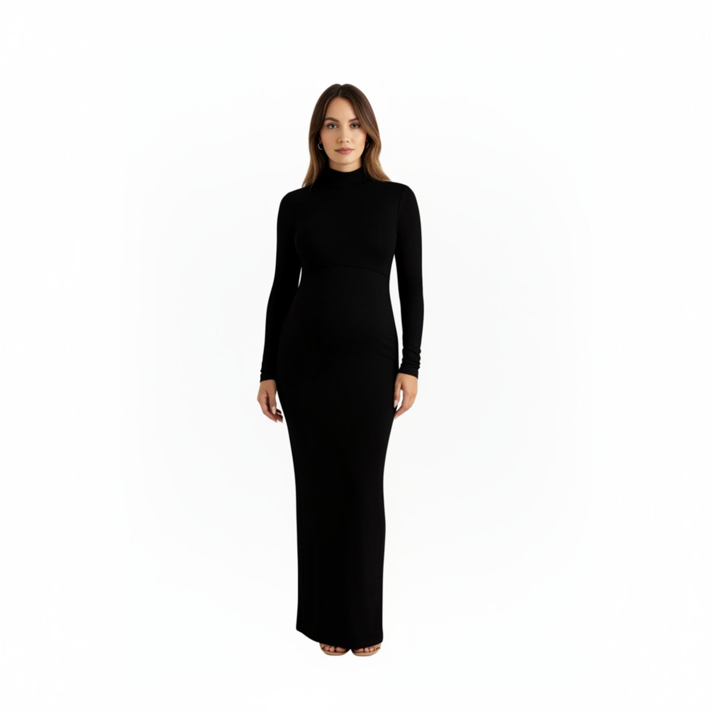 Anna-Kaci Women' s Long Sleeve Maternity Maxi Dress with Sleek Fitted Silhouette Soft Stretch Fabric and Elegant Turtleneck Design