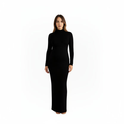 Anna-Kaci Women' s Long Sleeve Maternity Maxi Dress with Sleek Fitted Silhouette Soft Stretch Fabric and Elegant Turtleneck Design