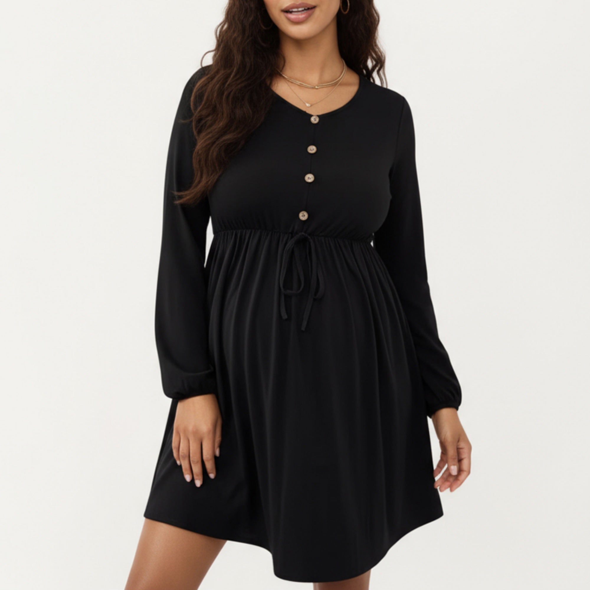Anna-Kaci Women¡¯s Maternity Dress with Long Sleeves Soft Stretch Fabric Button Front Accents and Adjustable Drawstring Empire Waist Silhouette