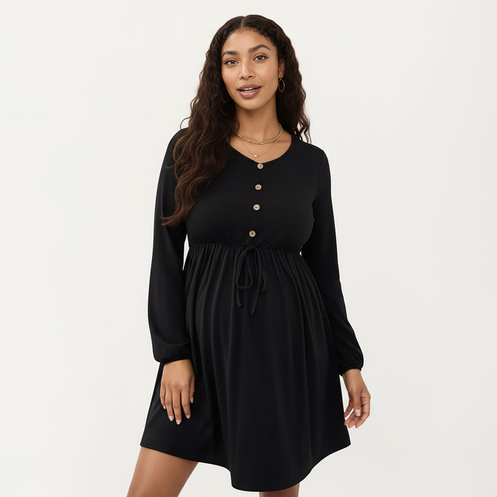 Anna-Kaci Women¡¯s Maternity Dress with Long Sleeves Soft Stretch Fabric Button Front Accents and Adjustable Drawstring Empire Waist Silhouette