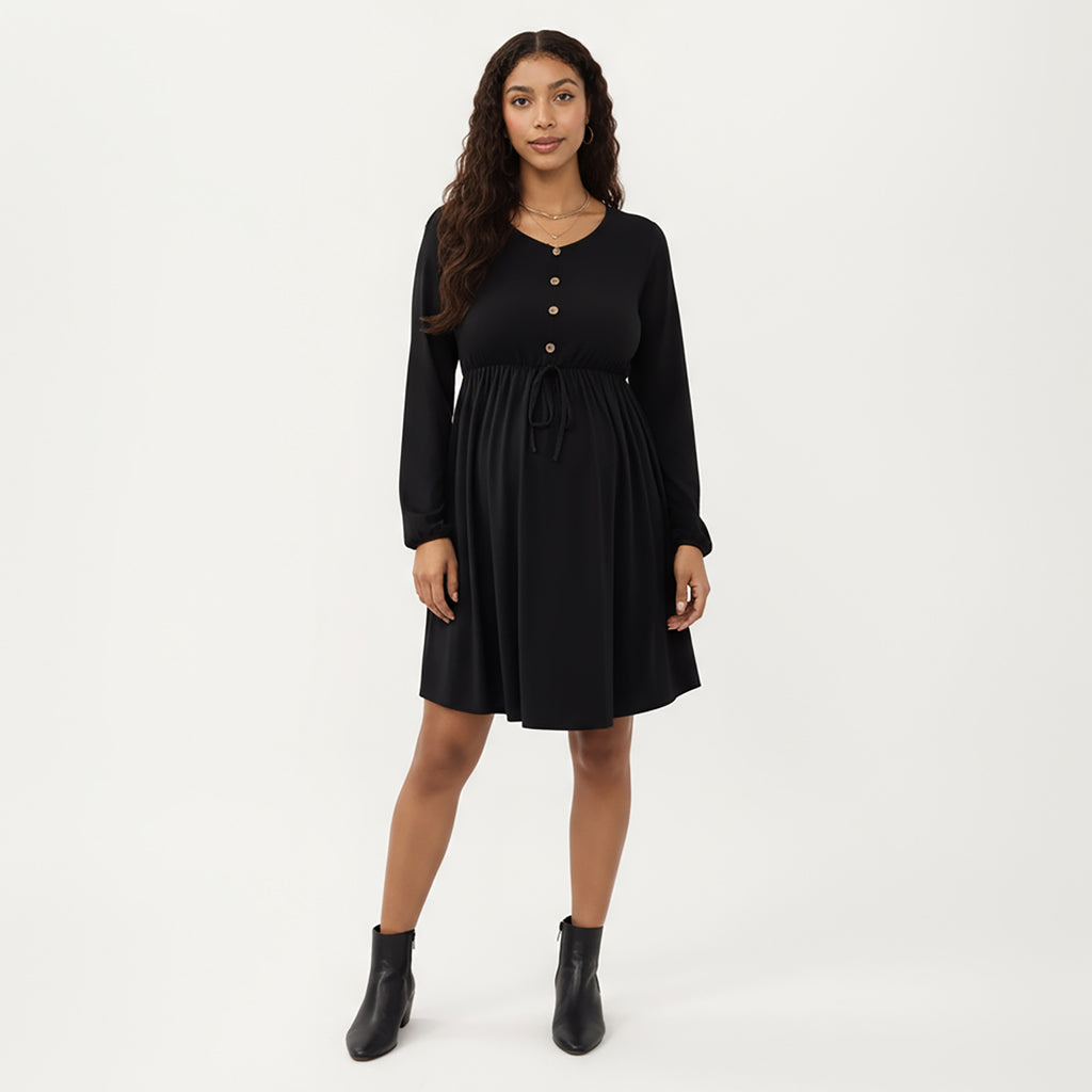 Anna-Kaci Women¡¯s Maternity Dress with Long Sleeves Soft Stretch Fabric Button Front Accents and Adjustable Drawstring Empire Waist Silhouette