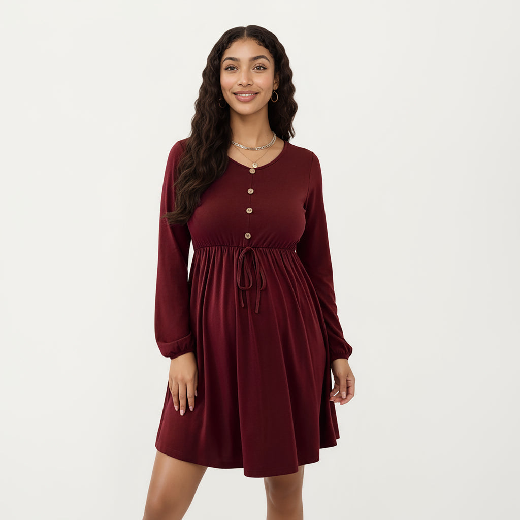 Anna-Kaci Women¡¯s Maternity Dress with Long Sleeves Soft Stretch Fabric Button Front Accents and Adjustable Drawstring Empire Waist Silhouette