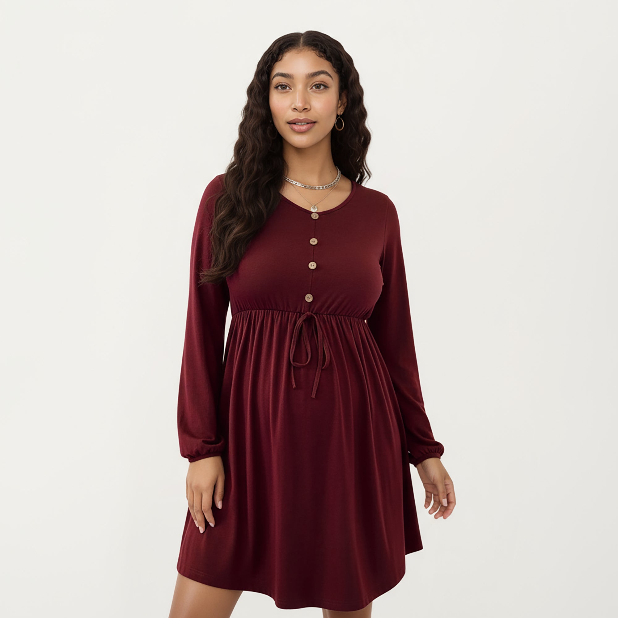 Anna-Kaci Women¡¯s Maternity Dress with Long Sleeves Soft Stretch Fabric Button Front Accents and Adjustable Drawstring Empire Waist Silhouette