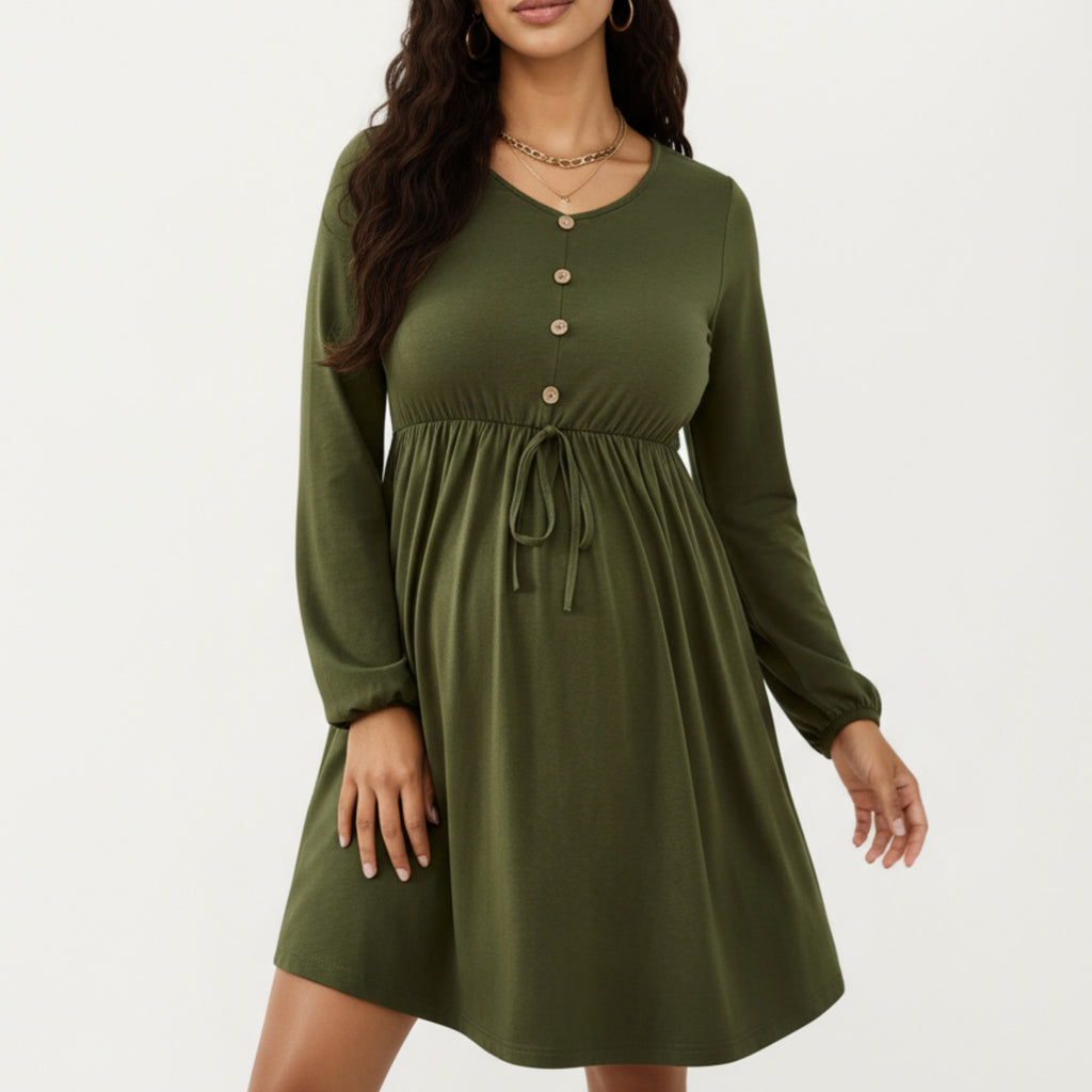 Anna-Kaci Women¡¯s Maternity Dress with Long Sleeves Soft Stretch Fabric Button Front Accents and Adjustable Drawstring Empire Waist Silhouette