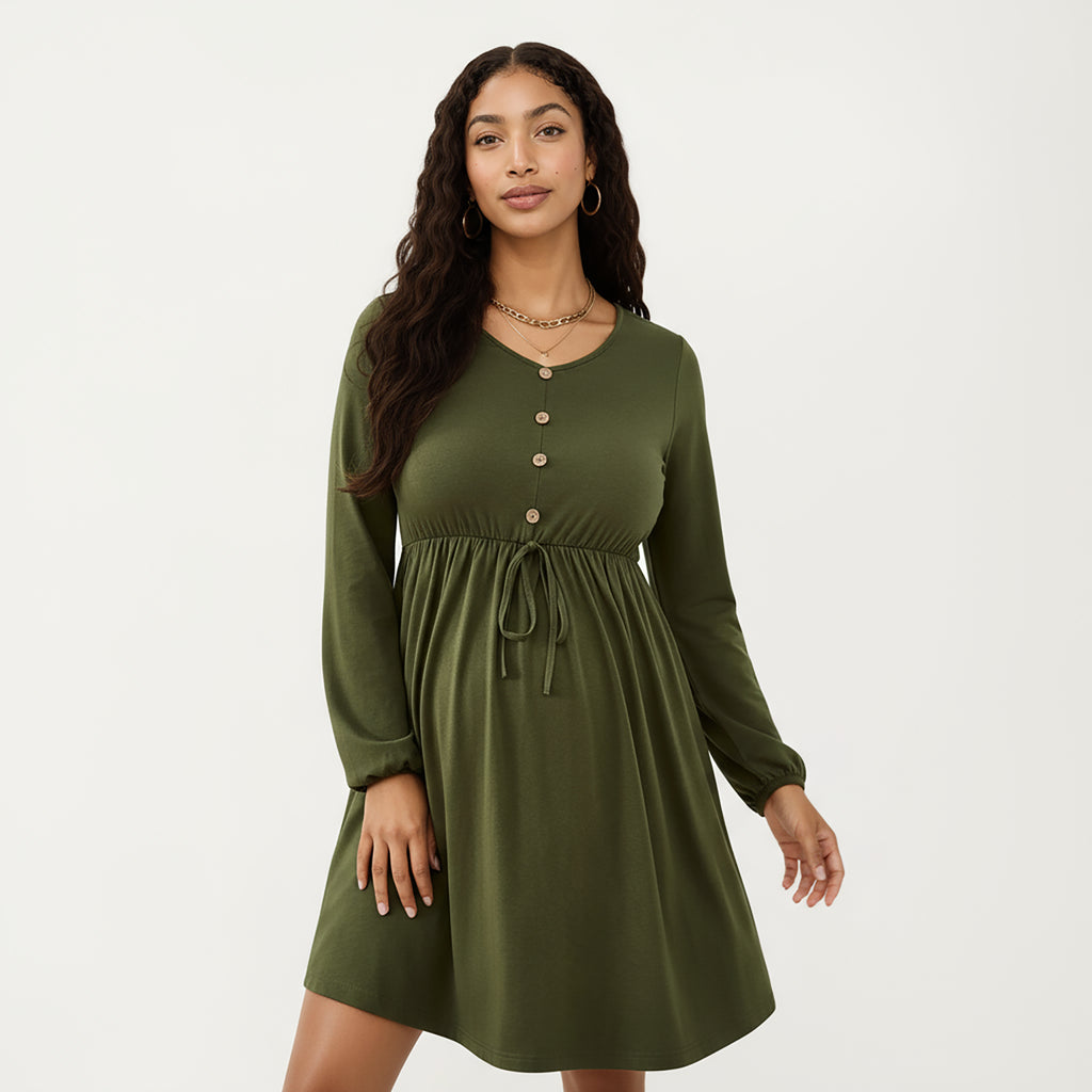 Anna-Kaci Women¡¯s Maternity Dress with Long Sleeves Soft Stretch Fabric Button Front Accents and Adjustable Drawstring Empire Waist Silhouette