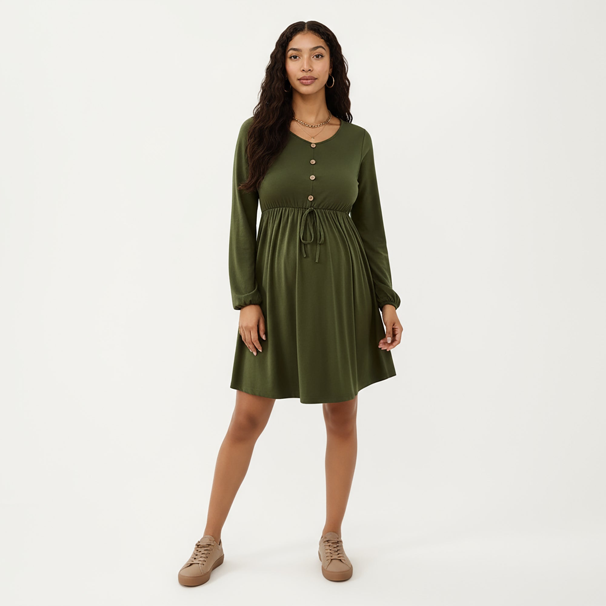 Anna-Kaci Women¡¯s Maternity Dress with Long Sleeves Soft Stretch Fabric Button Front Accents and Adjustable Drawstring Empire Waist Silhouette