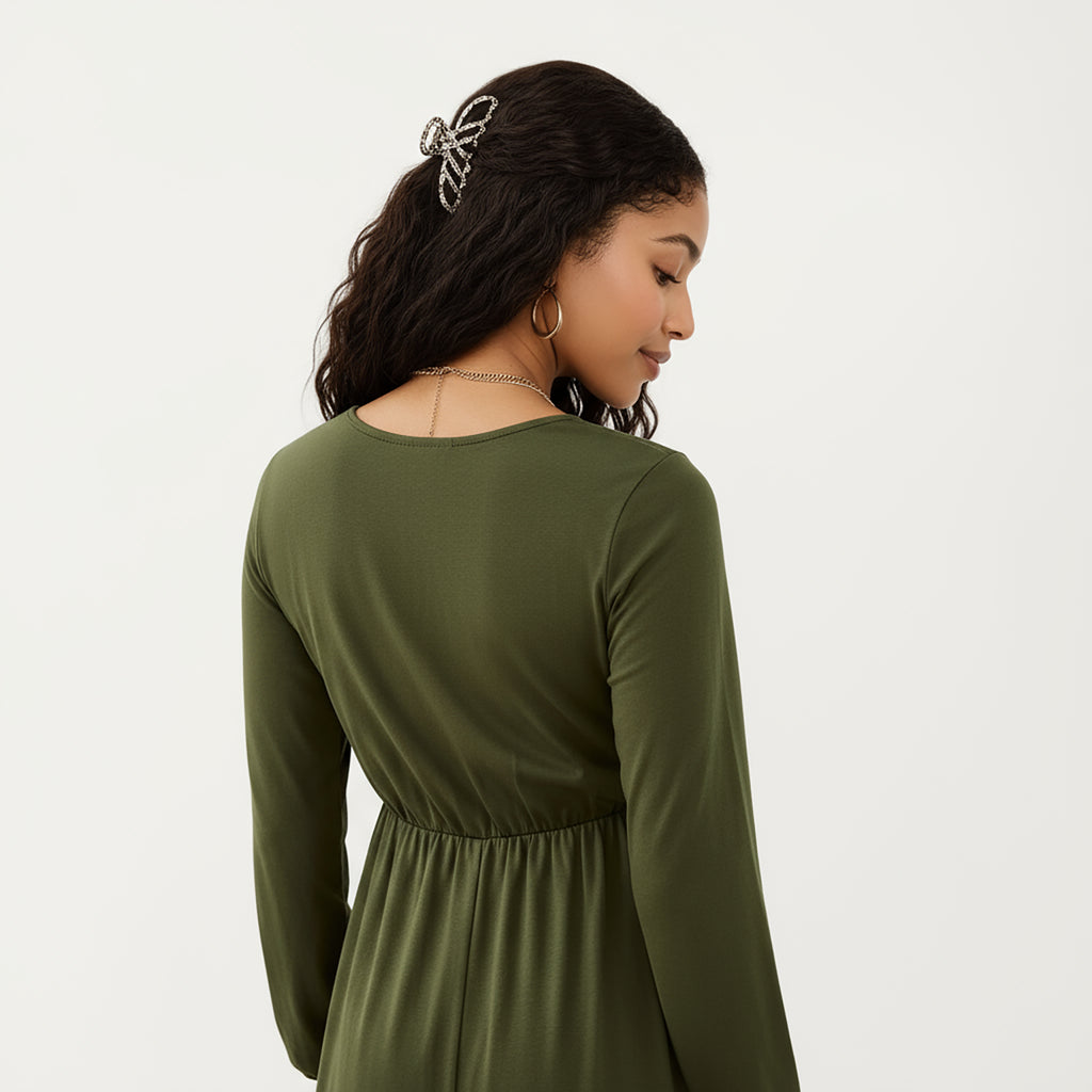 Anna-Kaci Women¡¯s Maternity Dress with Long Sleeves Soft Stretch Fabric Button Front Accents and Adjustable Drawstring Empire Waist Silhouette