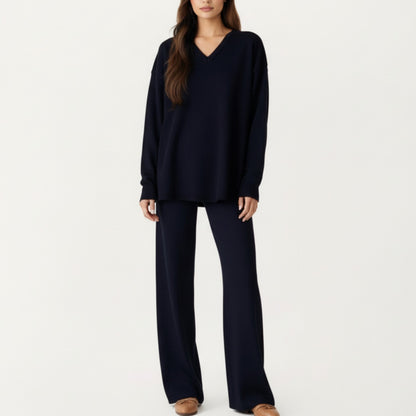 Anna-Kaci Women' s Maternity Relaxed Fit Long Sleeve V-Neck Top and Soft Wide-Leg Lounge Pants Set with Easy Stretch Fabric