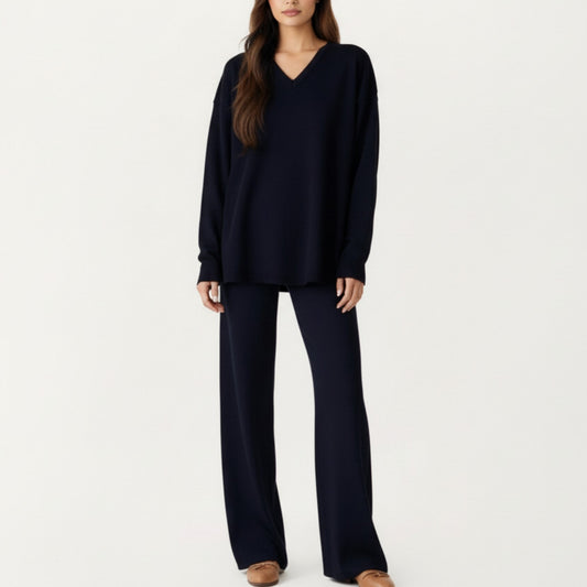 Anna-Kaci Women' s Maternity Relaxed Fit Long Sleeve V-Neck Top and Soft Wide-Leg Lounge Pants Set with Easy Stretch Fabric