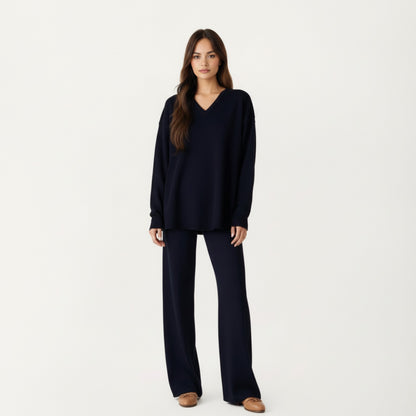 Anna-Kaci Women' s Maternity Relaxed Fit Long Sleeve V-Neck Top and Soft Wide-Leg Lounge Pants Set with Easy Stretch Fabric