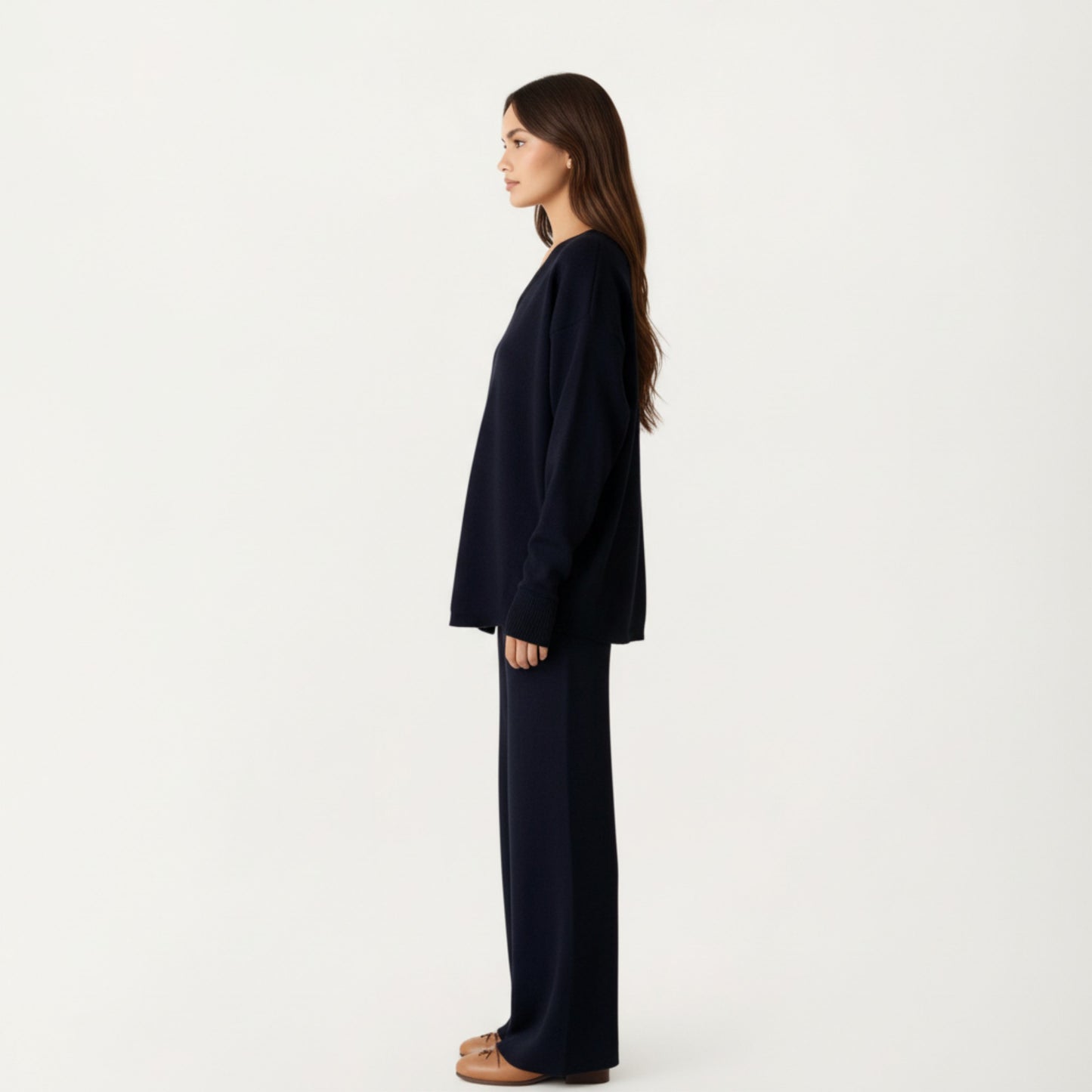 Anna-Kaci Women' s Maternity Relaxed Fit Long Sleeve V-Neck Top and Soft Wide-Leg Lounge Pants Set with Easy Stretch Fabric