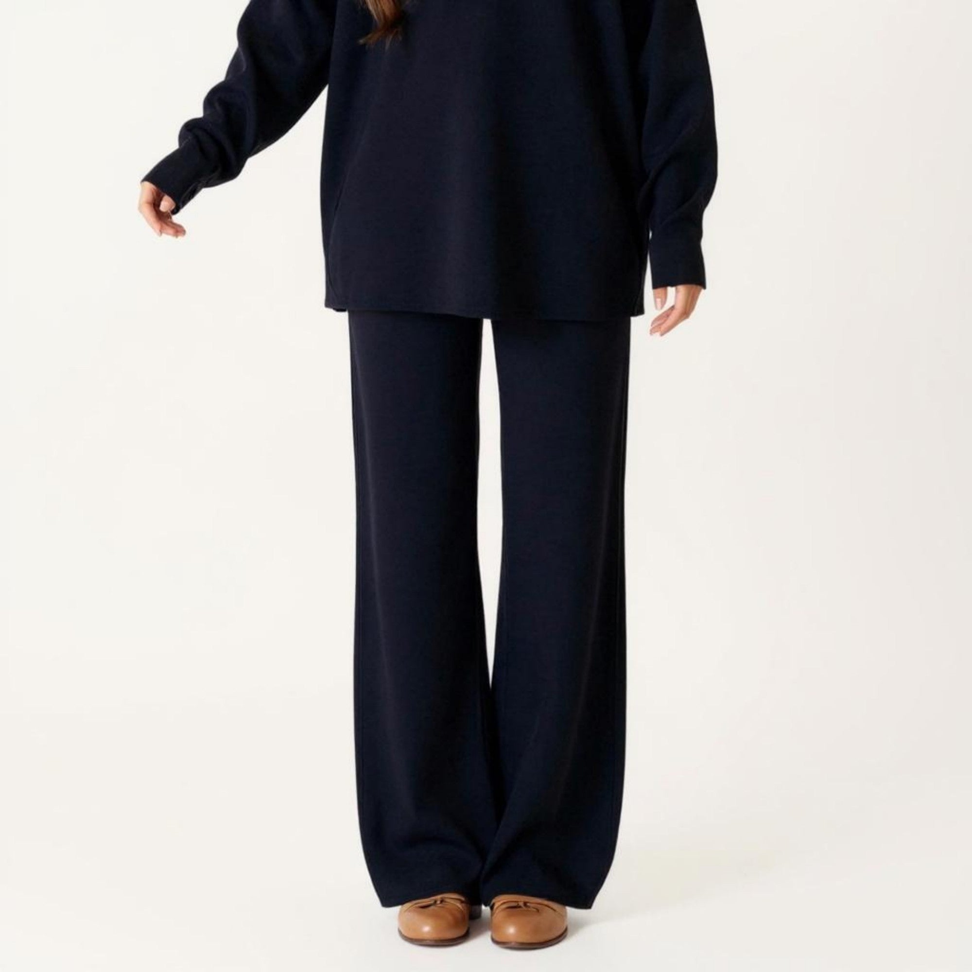 Anna-Kaci Women' s Maternity Relaxed Fit Long Sleeve V-Neck Top and Soft Wide-Leg Lounge Pants Set with Easy Stretch Fabric