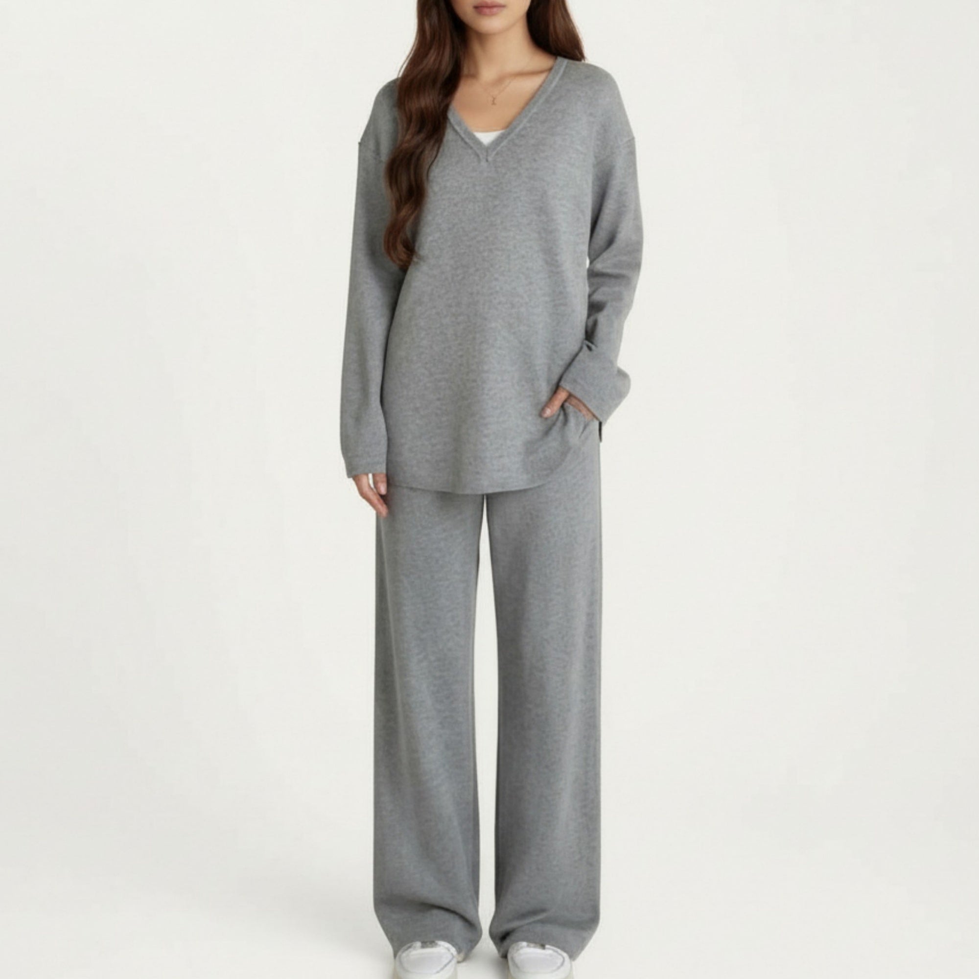 Anna-Kaci Women' s Maternity Relaxed Fit Long Sleeve V-Neck Top and Soft Wide-Leg Lounge Pants Set with Easy Stretch Fabric