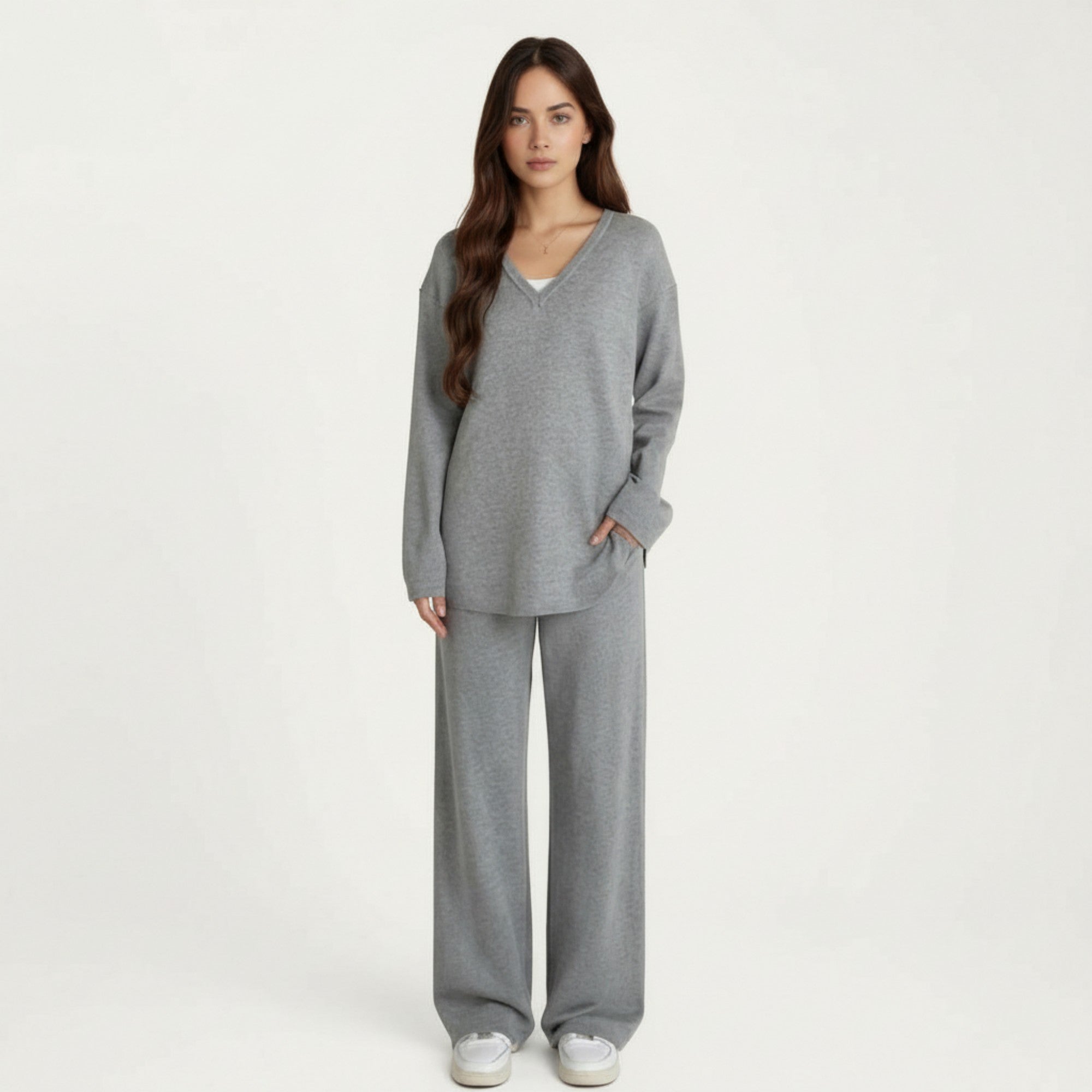 Anna-Kaci Women' s Maternity Relaxed Fit Long Sleeve V-Neck Top and Soft Wide-Leg Lounge Pants Set with Easy Stretch Fabric