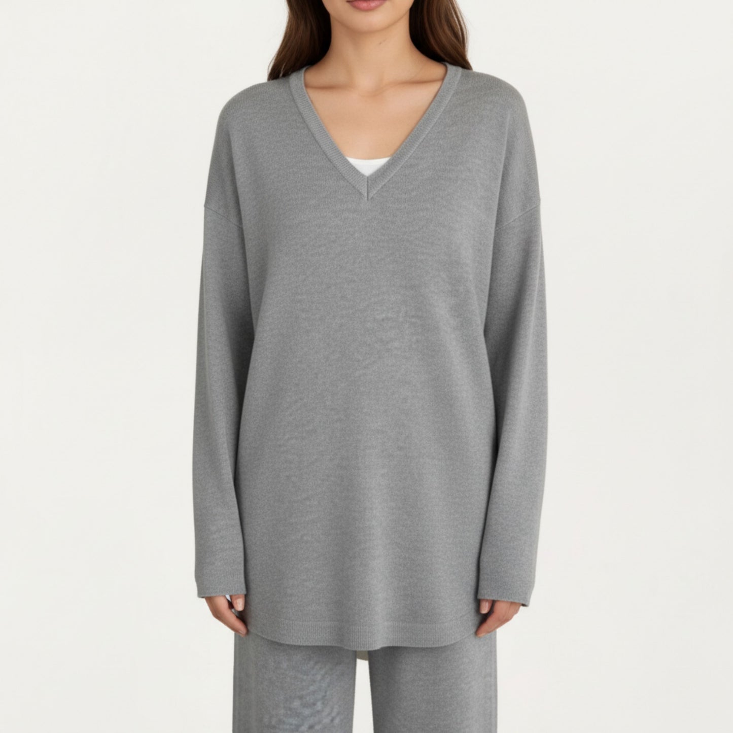 Anna-Kaci Women' s Maternity Relaxed Fit Long Sleeve V-Neck Top and Soft Wide-Leg Lounge Pants Set with Easy Stretch Fabric