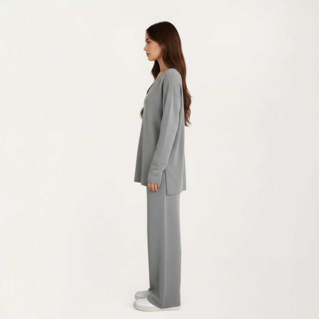 Anna-Kaci Women' s Maternity Relaxed Fit Long Sleeve V-Neck Top and Soft Wide-Leg Lounge Pants Set with Easy Stretch Fabric