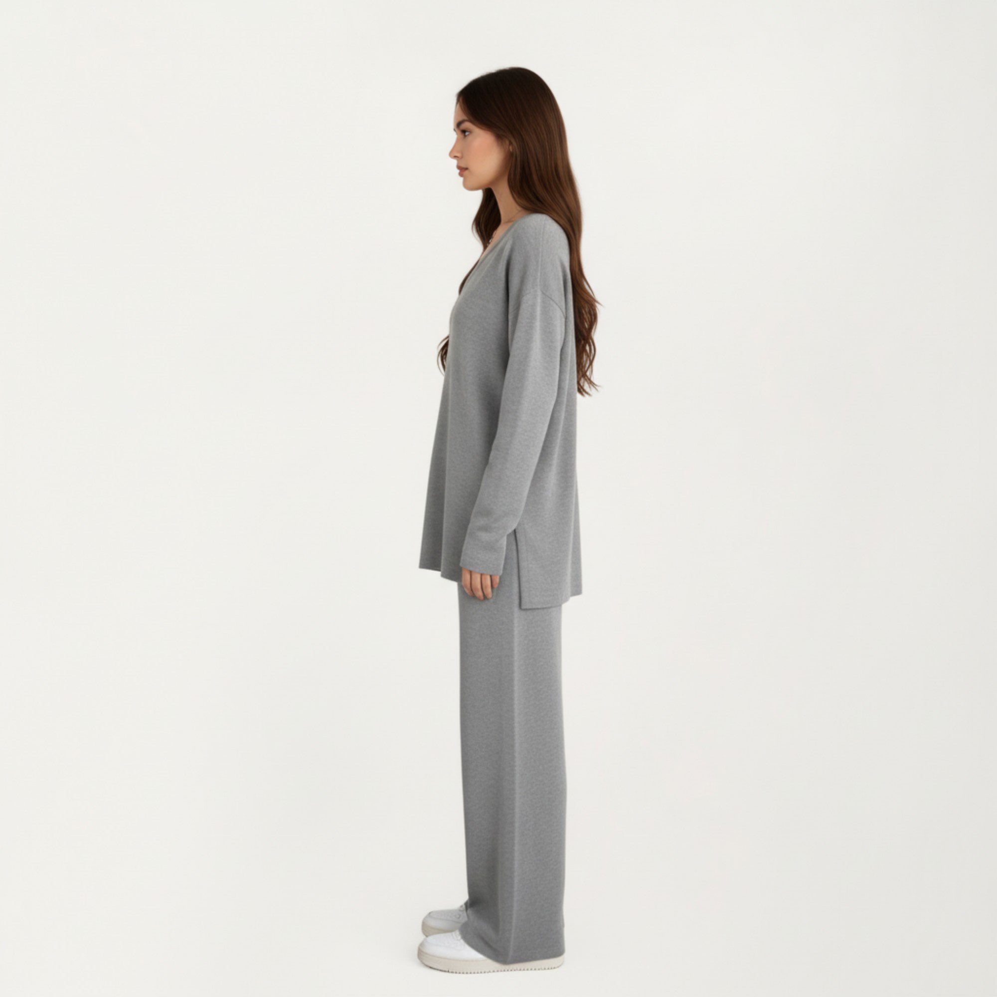 Anna-Kaci Women' s Maternity Relaxed Fit Long Sleeve V-Neck Top and Soft Wide-Leg Lounge Pants Set with Easy Stretch Fabric