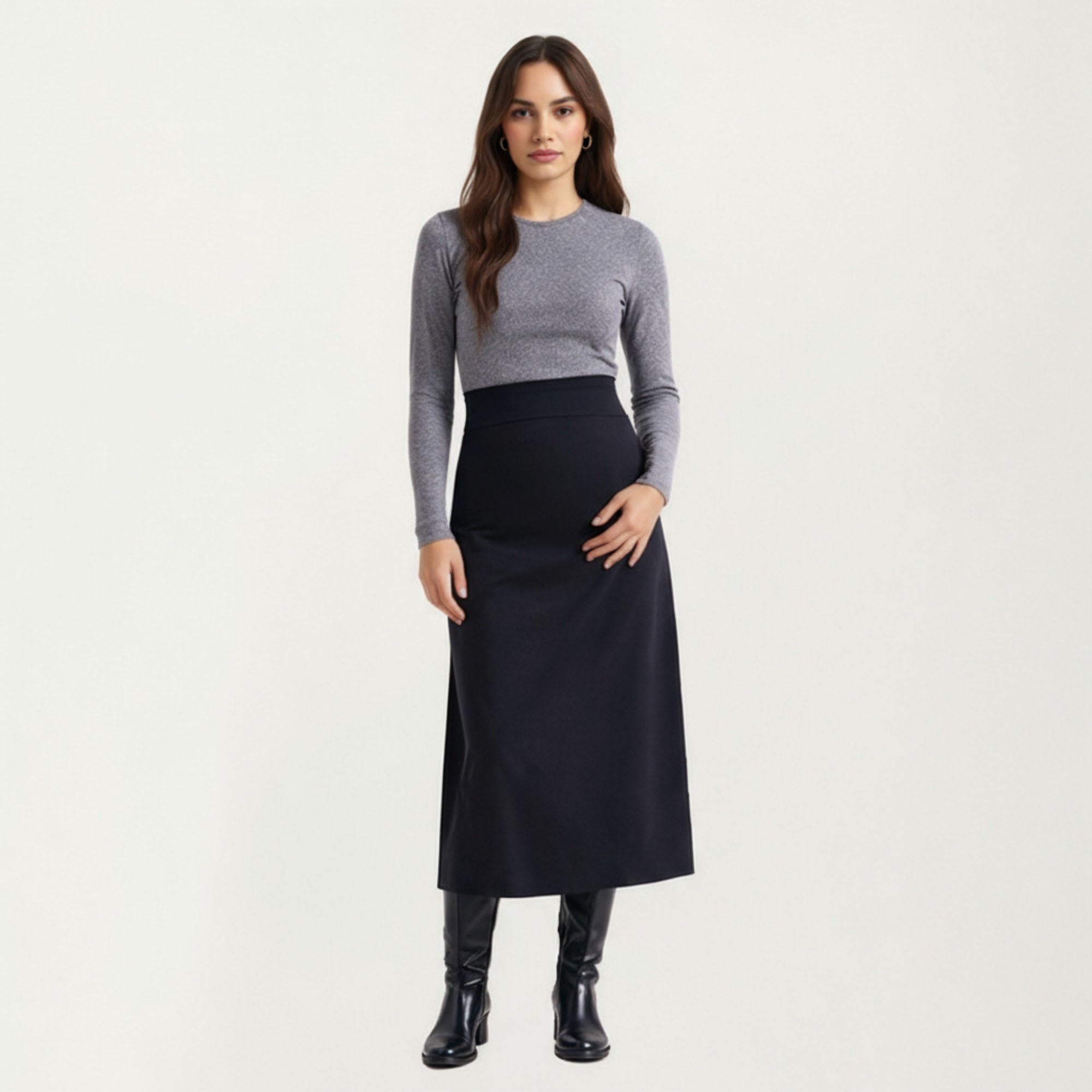 Anna-Kaci Women¡¯s Maternity High Waist Stretch Knit Midi Skirt with Seamless Support Panel and Smooth Flattering Soft Draped Silhouette
