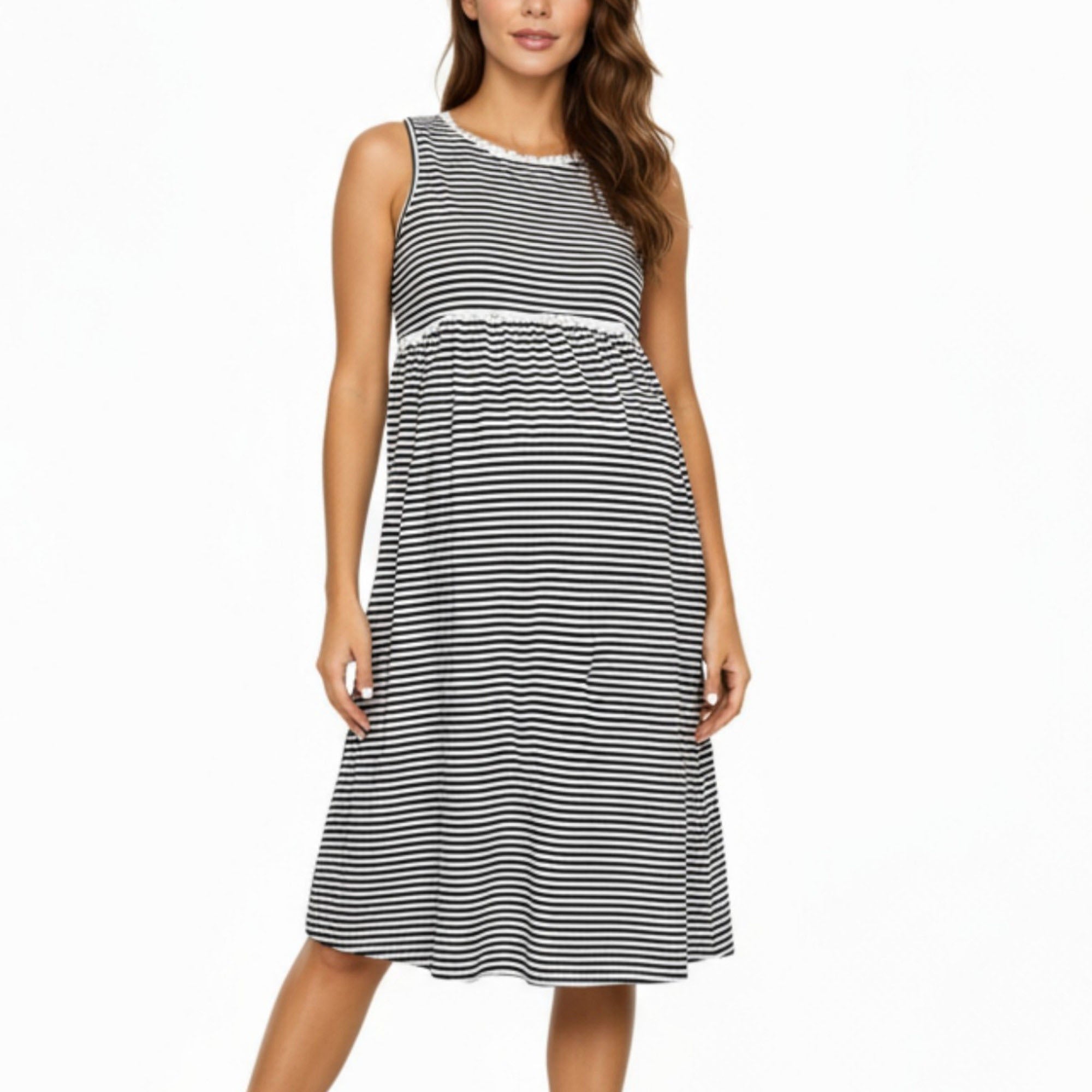 Anna-Kaci Women¡¯s Maternity Sleeveless Stripe Midi Dress with Soft Stretch Knit Fabric and Flattering Empire Waist