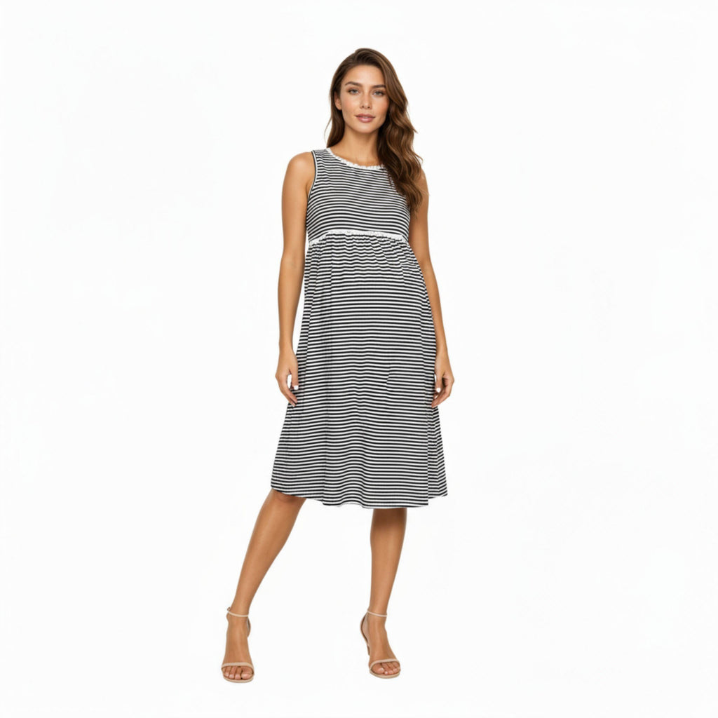 Anna-Kaci Women¡¯s Maternity Sleeveless Stripe Midi Dress with Soft Stretch Knit Fabric and Flattering Empire Waist
