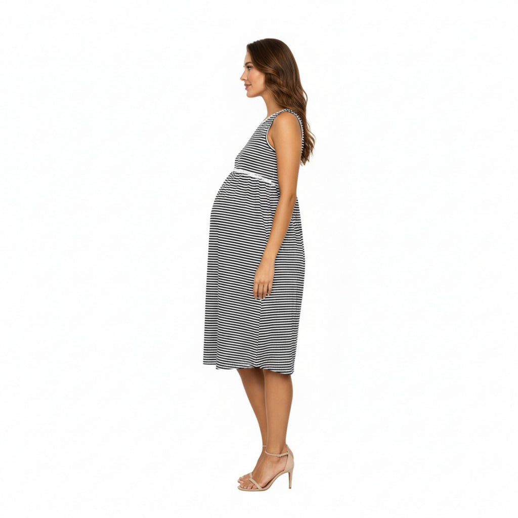 Anna-Kaci Women¡¯s Maternity Sleeveless Stripe Midi Dress with Soft Stretch Knit Fabric and Flattering Empire Waist