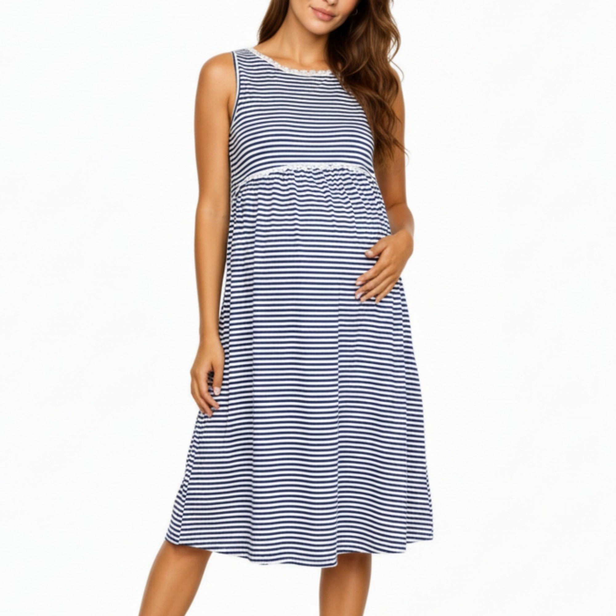 Anna-Kaci Women¡¯s Maternity Sleeveless Stripe Midi Dress with Soft Stretch Knit Fabric and Flattering Empire Waist