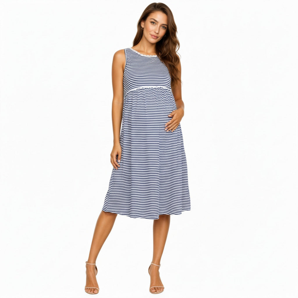 Anna-Kaci Women¡¯s Maternity Sleeveless Stripe Midi Dress with Soft Stretch Knit Fabric and Flattering Empire Waist