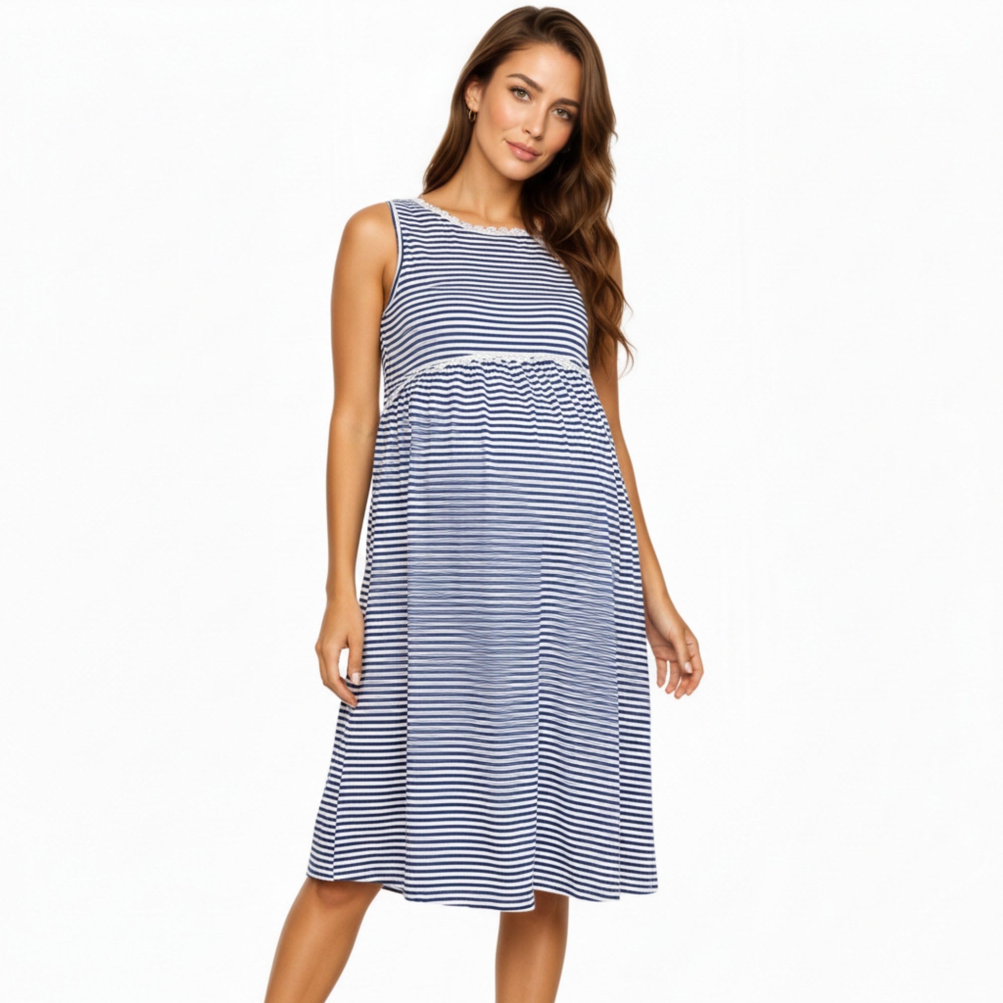 Anna-Kaci Women¡¯s Maternity Sleeveless Stripe Midi Dress with Soft Stretch Knit Fabric and Flattering Empire Waist