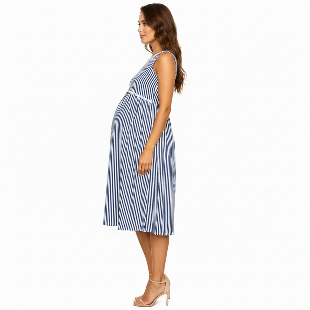 Anna-Kaci Women¡¯s Maternity Sleeveless Stripe Midi Dress with Soft Stretch Knit Fabric and Flattering Empire Waist