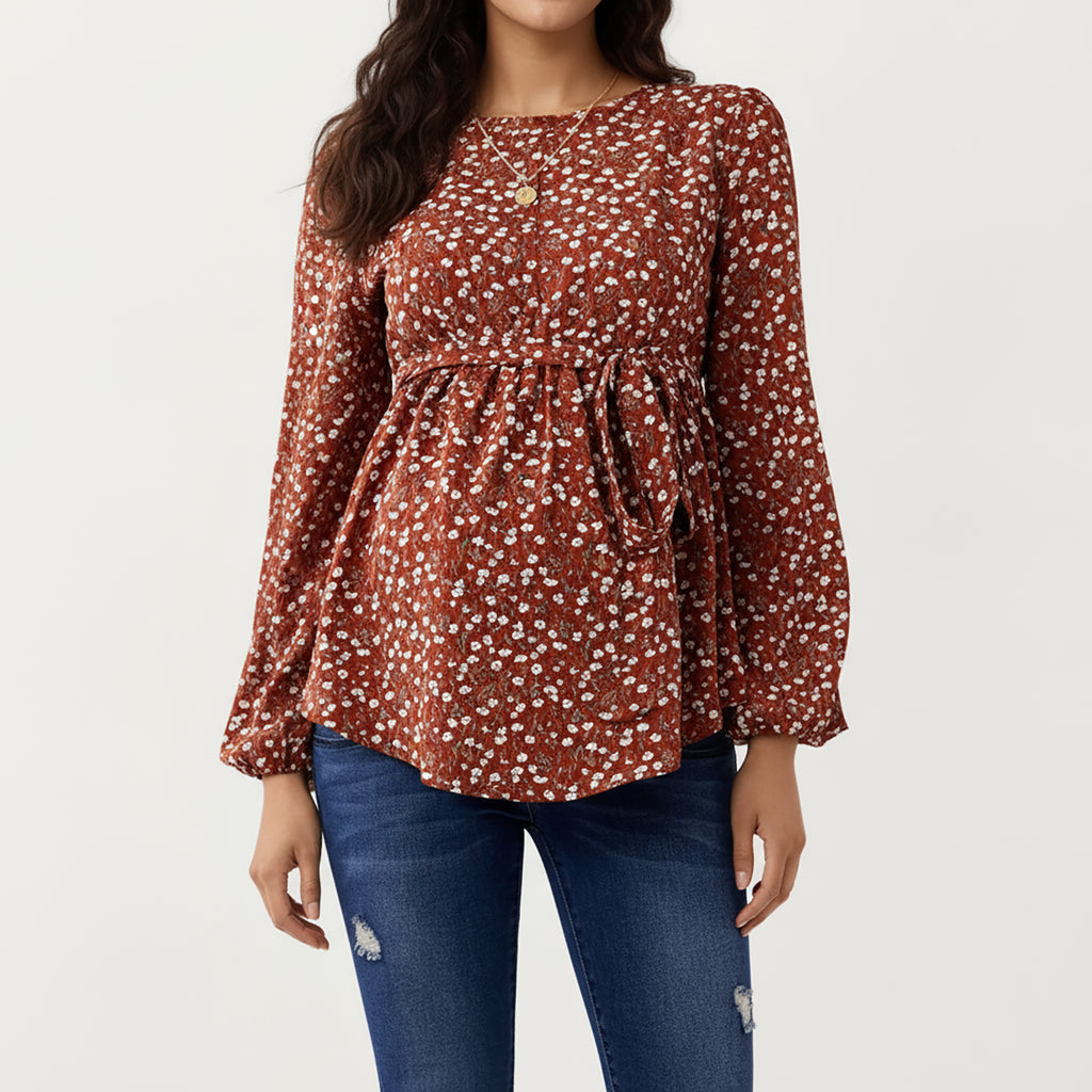 Anna-Kaci Women¡¯s Maternity Top with Long Sleeves Soft Draped Fabric Delicate Allover Pattern and Adjustable Tie Waist for Flattering Shape