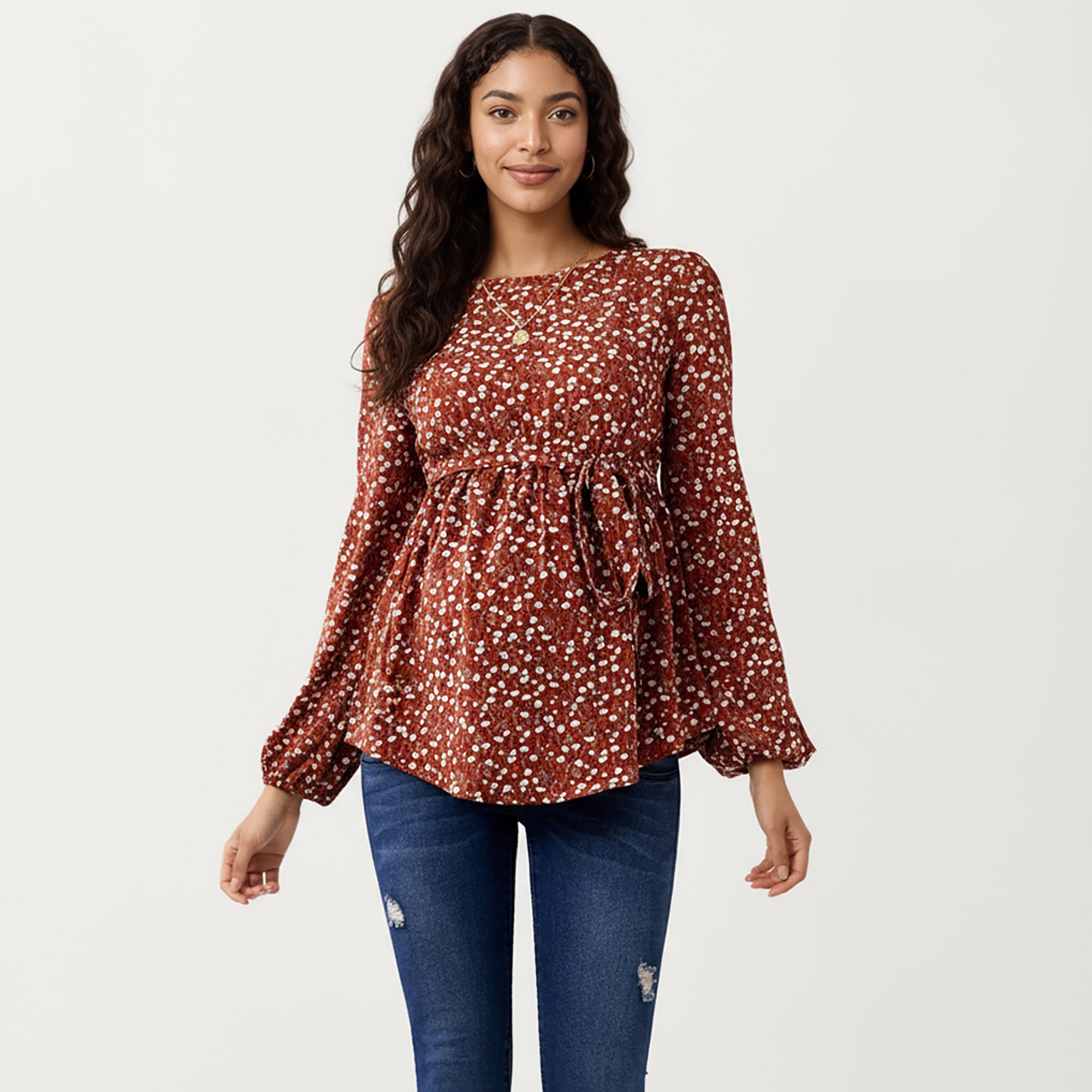 Anna-Kaci Women¡¯s Maternity Top with Long Sleeves Soft Draped Fabric Delicate Allover Pattern and Adjustable Tie Waist for Flattering Shape