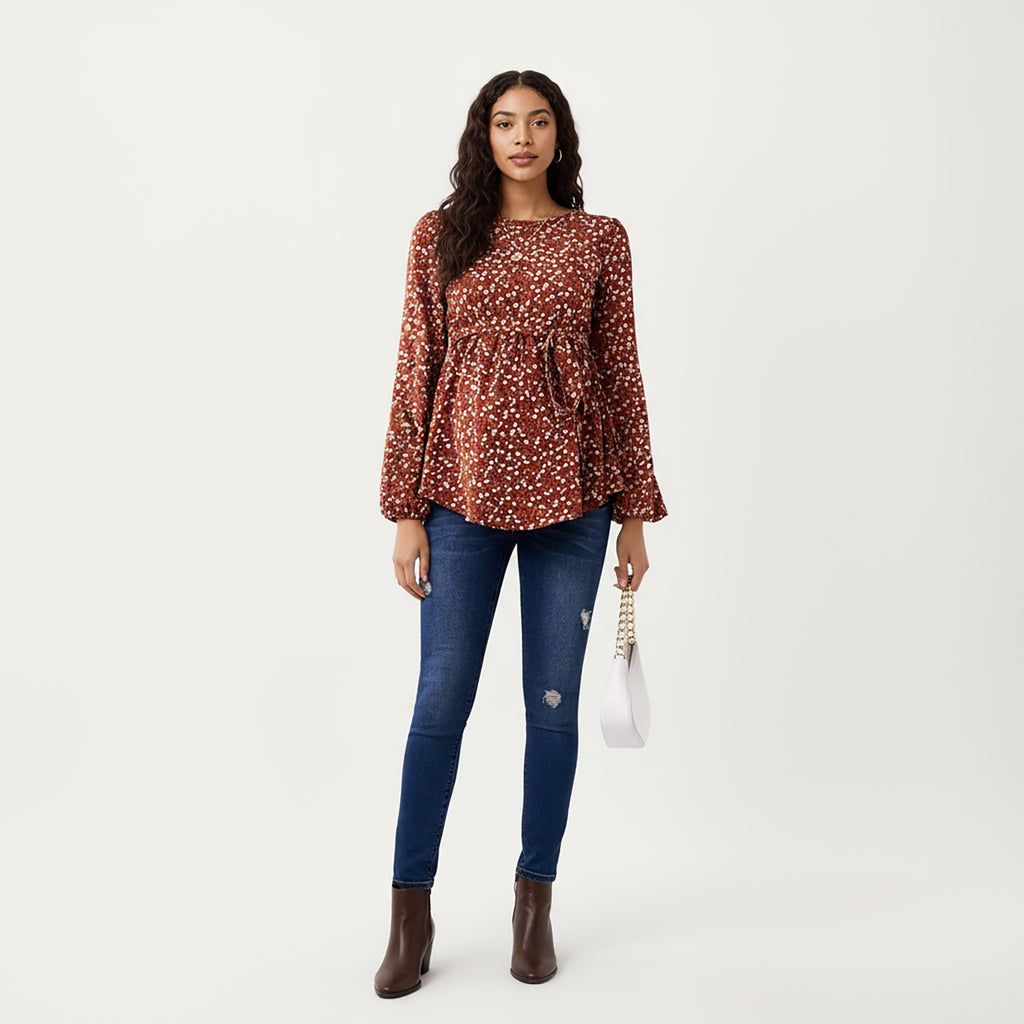 Anna-Kaci Women¡¯s Maternity Top with Long Sleeves Soft Draped Fabric Delicate Allover Pattern and Adjustable Tie Waist for Flattering Shape