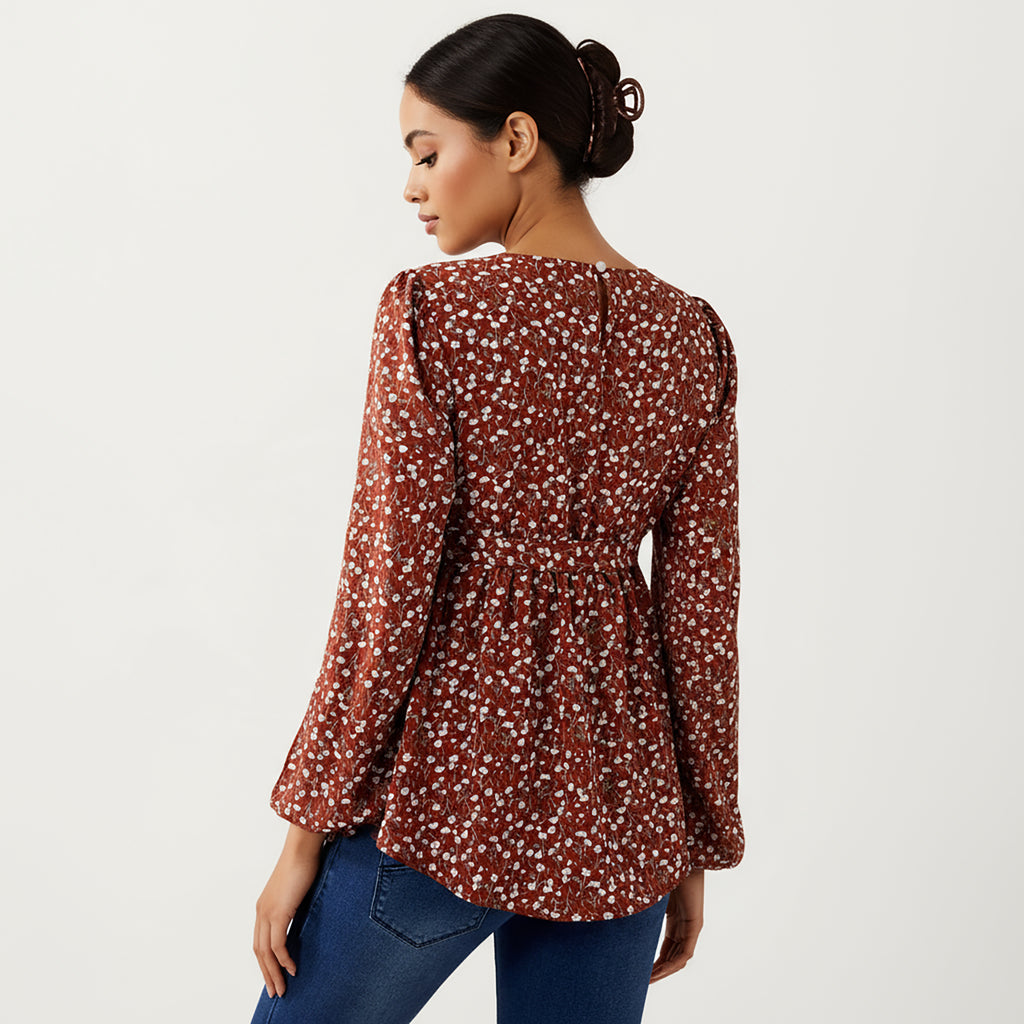 Anna-Kaci Women¡¯s Maternity Top with Long Sleeves Soft Draped Fabric Delicate Allover Pattern and Adjustable Tie Waist for Flattering Shape