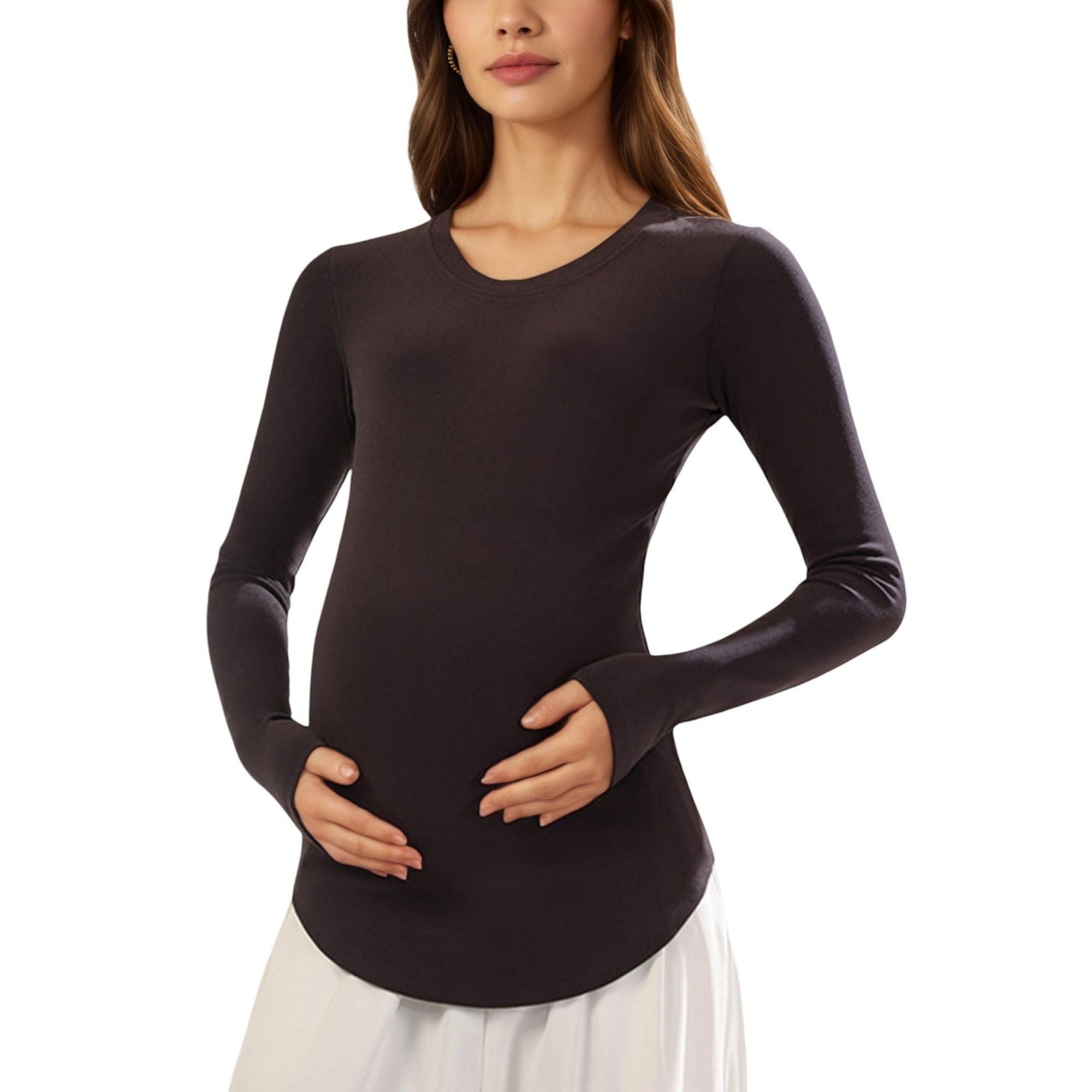 Anna-Kaci Women's Maternity Long Sleeve Stretch Knit Top with Soft Seamless Fit and Gentle Belly-Shaping Silhouette