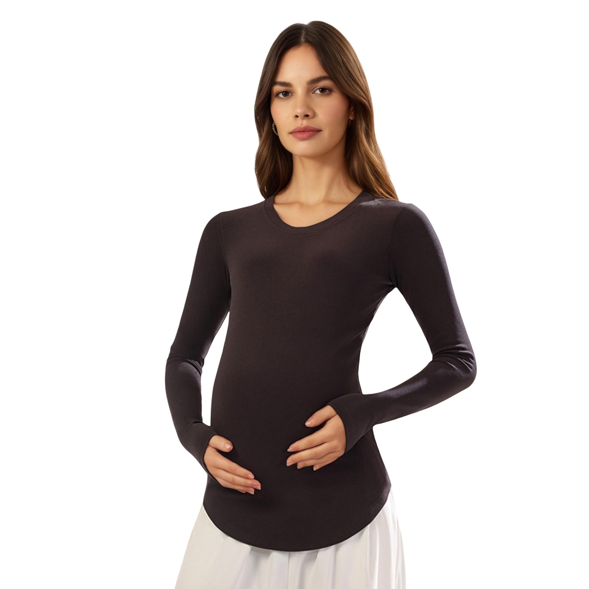 Anna-Kaci Women's Maternity Long Sleeve Stretch Knit Top with Soft Seamless Fit and Gentle Belly-Shaping Silhouette