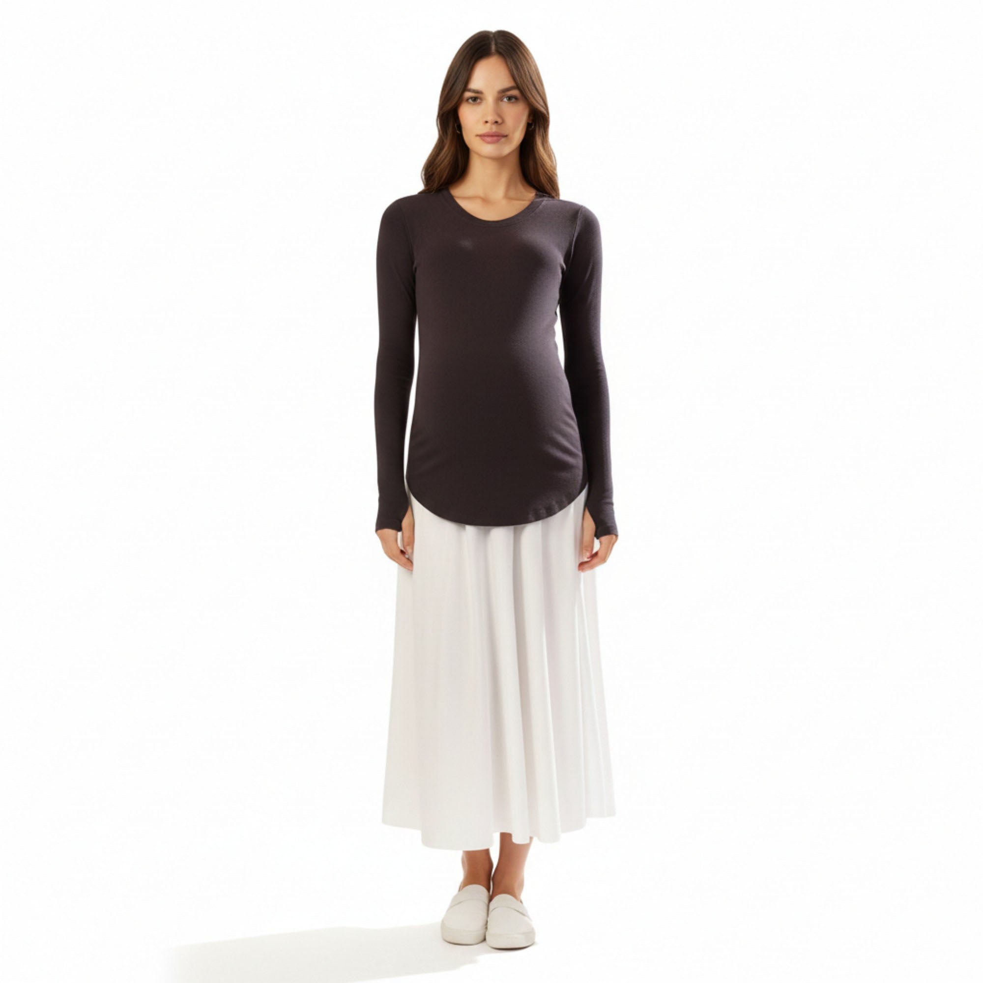 Anna-Kaci Women's Maternity Long Sleeve Stretch Knit Top with Soft Seamless Fit and Gentle Belly-Shaping Silhouette