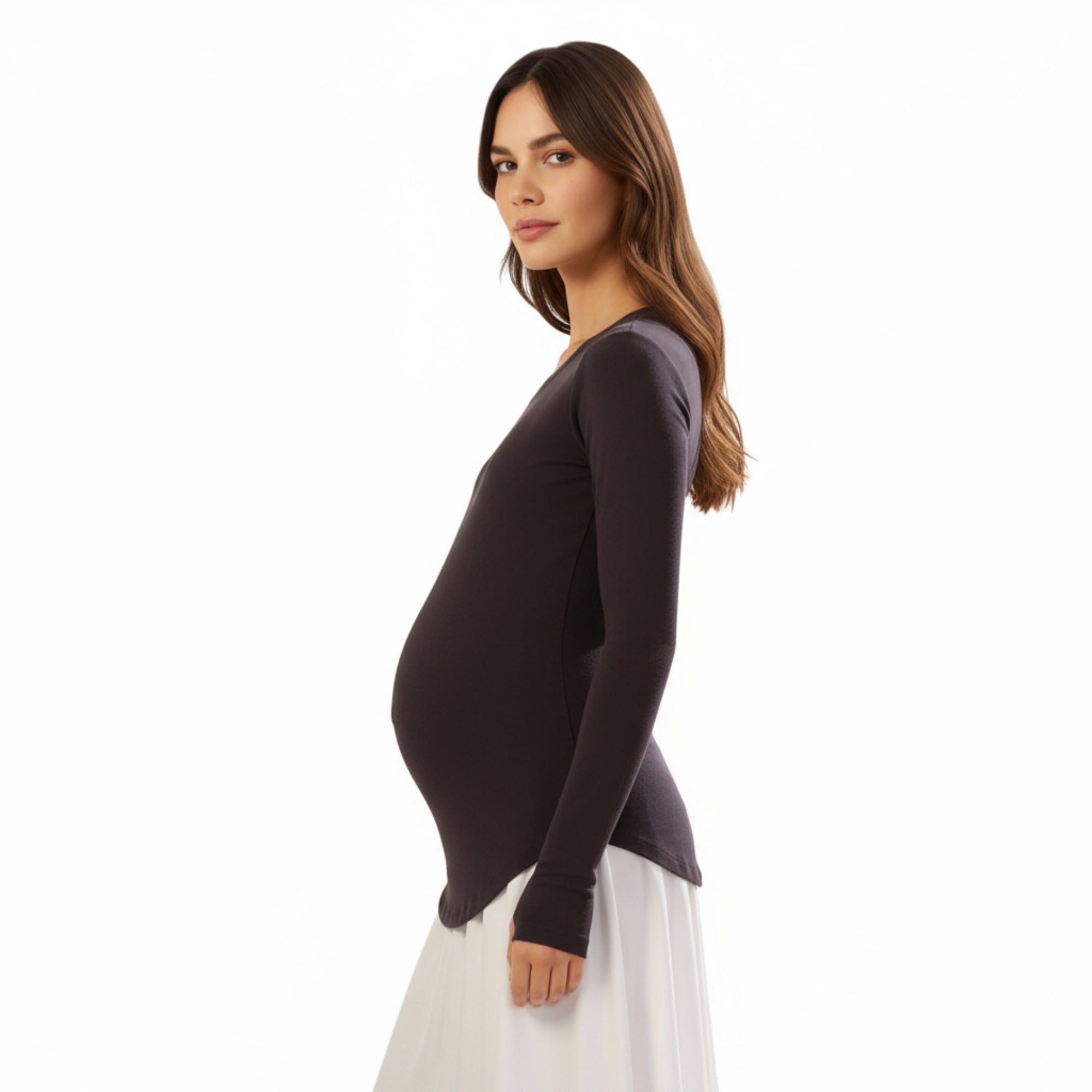 Anna-Kaci Women's Maternity Long Sleeve Stretch Knit Top with Soft Seamless Fit and Gentle Belly-Shaping Silhouette