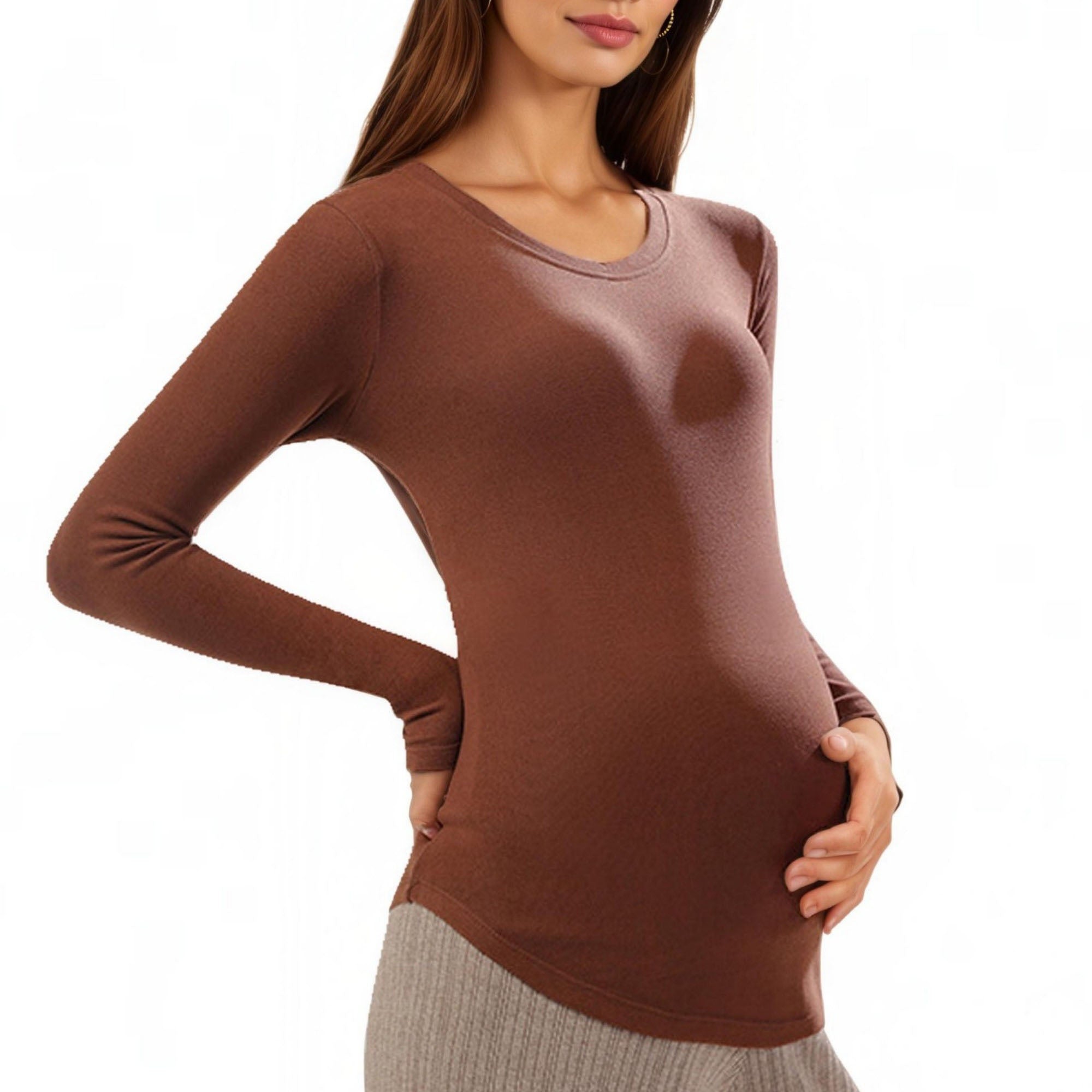 Anna-Kaci Women's Maternity Long Sleeve Stretch Knit Top with Soft Seamless Fit and Gentle Belly-Shaping Silhouette
