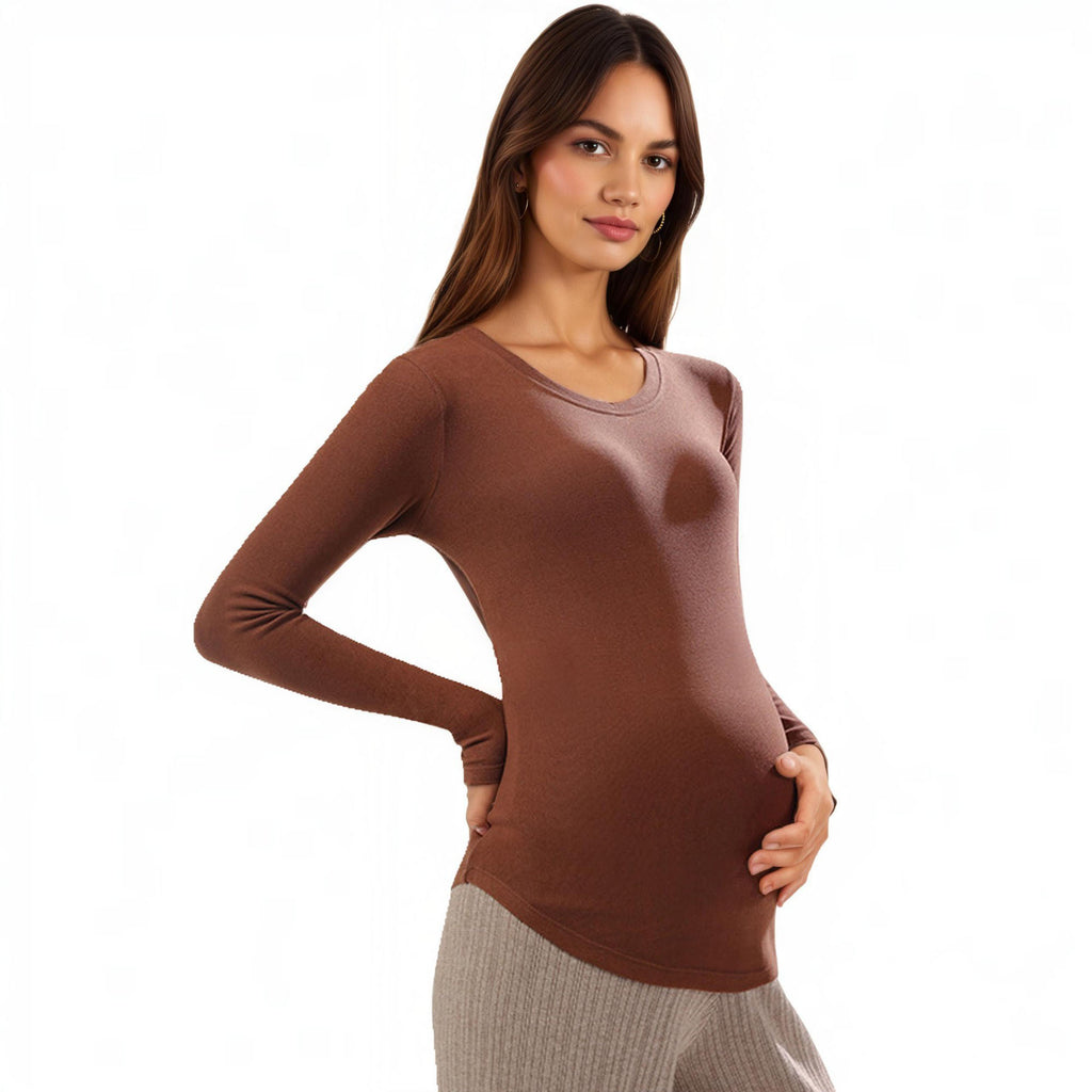 Anna-Kaci Women's Maternity Long Sleeve Stretch Knit Top with Soft Seamless Fit and Gentle Belly-Shaping Silhouette