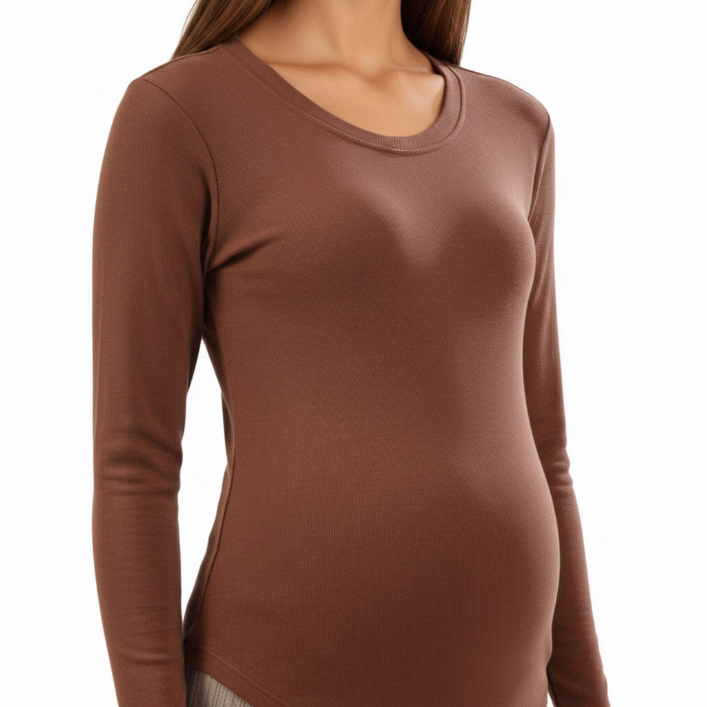 Anna-Kaci Women's Maternity Long Sleeve Stretch Knit Top with Soft Seamless Fit and Gentle Belly-Shaping Silhouette