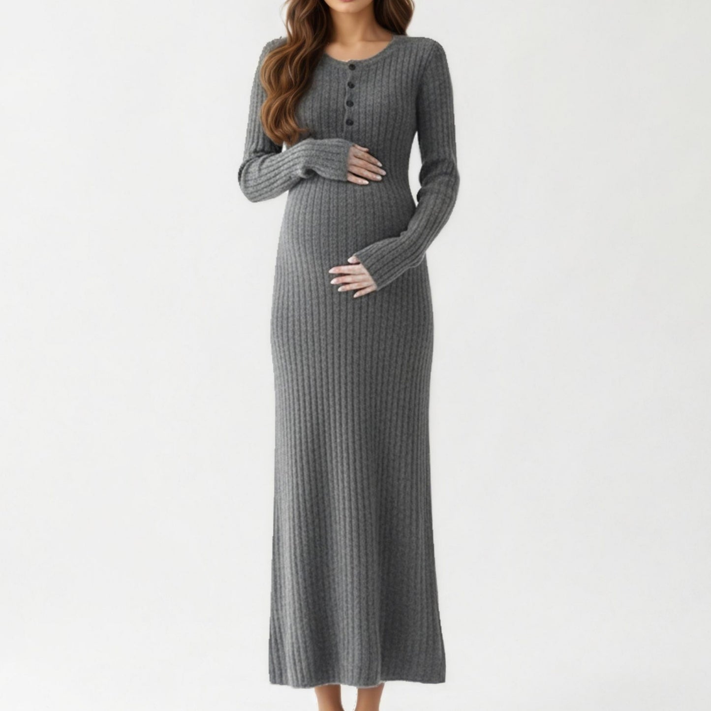 Anna-Kaci Women' s Ribbed Knit Maternity Maxi Dress with Long Sleeves Soft Stretch Fabric and Flattering Button Front Detail