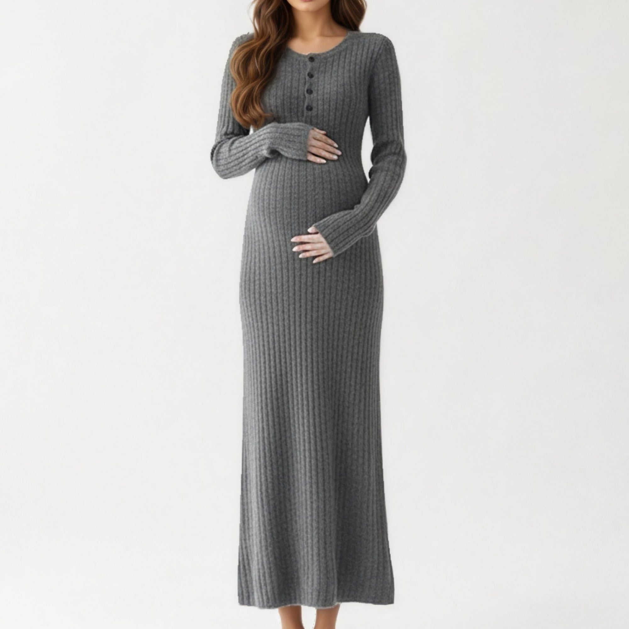 Anna-Kaci Women' s Ribbed Knit Maternity Maxi Dress with Long Sleeves Soft Stretch Fabric and Flattering Button Front Detail