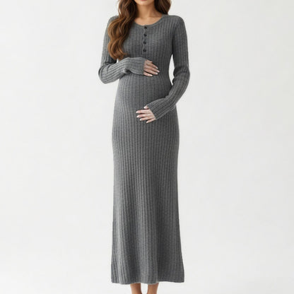 Anna-Kaci Women' s Ribbed Knit Maternity Maxi Dress with Long Sleeves Soft Stretch Fabric and Flattering Button Front Detail