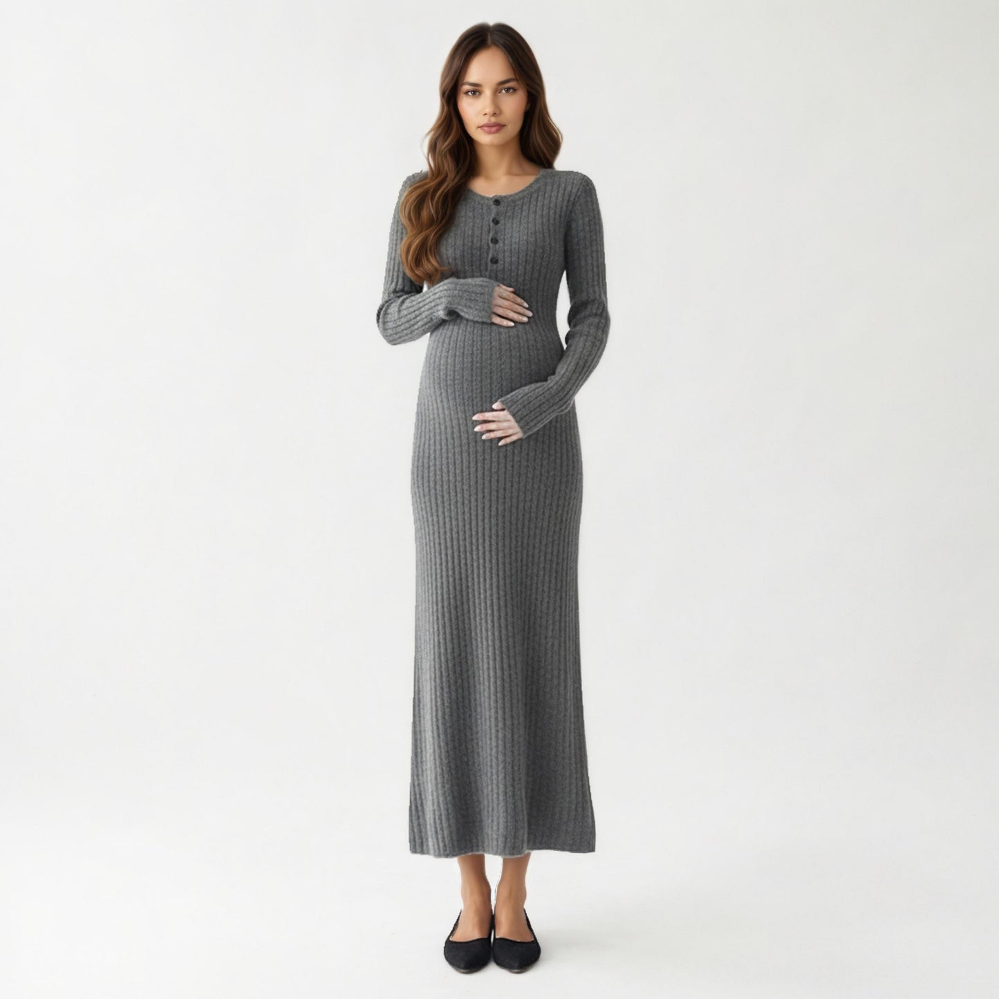 Anna-Kaci Women' s Ribbed Knit Maternity Maxi Dress with Long Sleeves Soft Stretch Fabric and Flattering Button Front Detail
