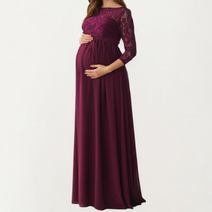Anna-Kaci Women' s Lace Bodice Maternity Maxi Dress with Sheer Three-Quarter Sleeves and Soft Flowing Skirt for Elegant Comfort