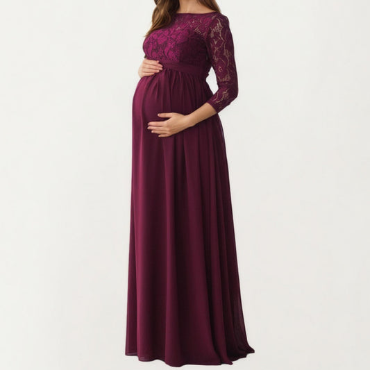 Anna-Kaci Women' s Lace Bodice Maternity Maxi Dress with Sheer Three-Quarter Sleeves and Soft Flowing Skirt for Elegant Comfort