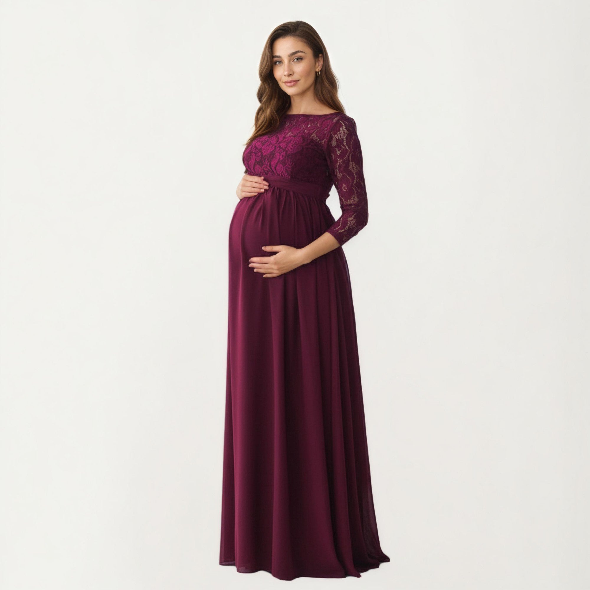 Anna-Kaci Women' s Lace Bodice Maternity Maxi Dress with Sheer Three-Quarter Sleeves and Soft Flowing Skirt for Elegant Comfort