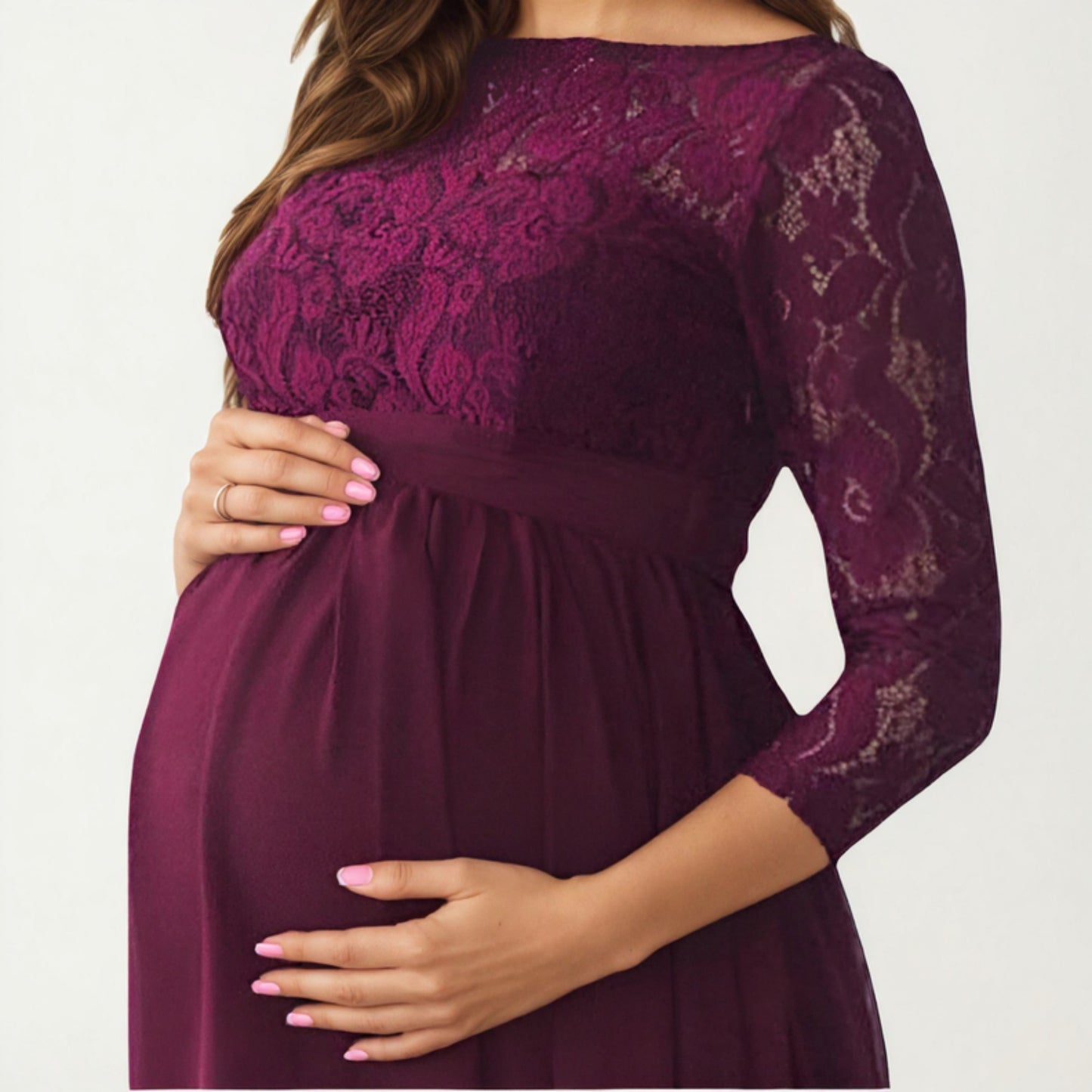 Anna-Kaci Women' s Lace Bodice Maternity Maxi Dress with Sheer Three-Quarter Sleeves and Soft Flowing Skirt for Elegant Comfort