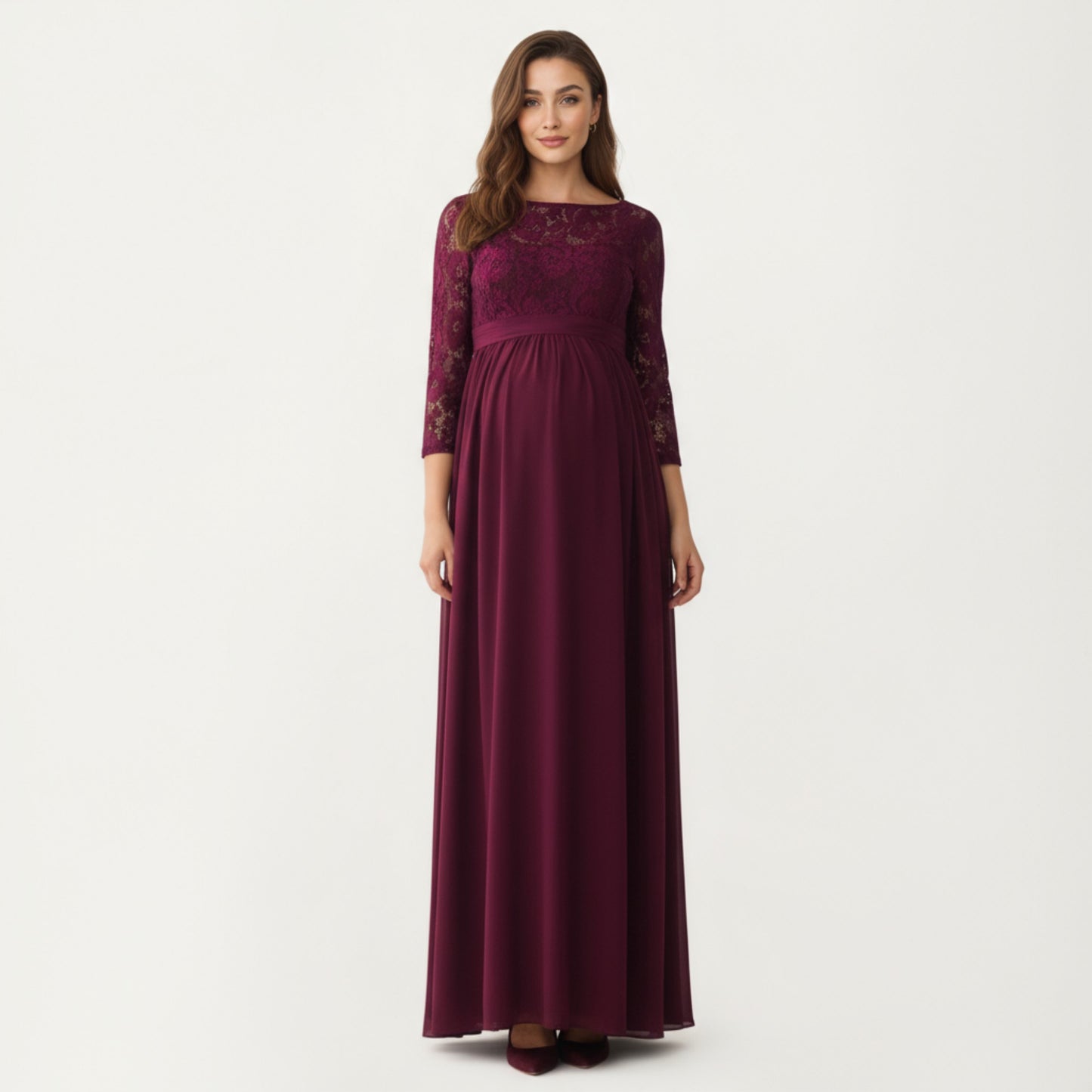 Anna-Kaci Women' s Lace Bodice Maternity Maxi Dress with Sheer Three-Quarter Sleeves and Soft Flowing Skirt for Elegant Comfort
