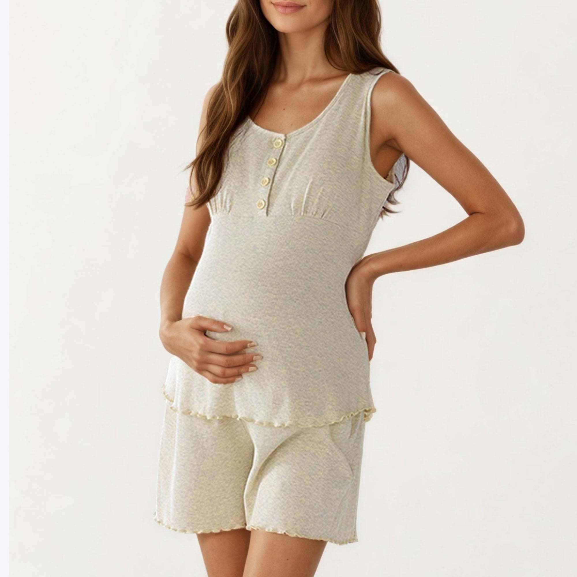 Anna-Kaci Women's Maternity 2-Piece Set Sleeveless Henley Pajama Top with Relaxed Fit Shorts and Soft Textured Fabric